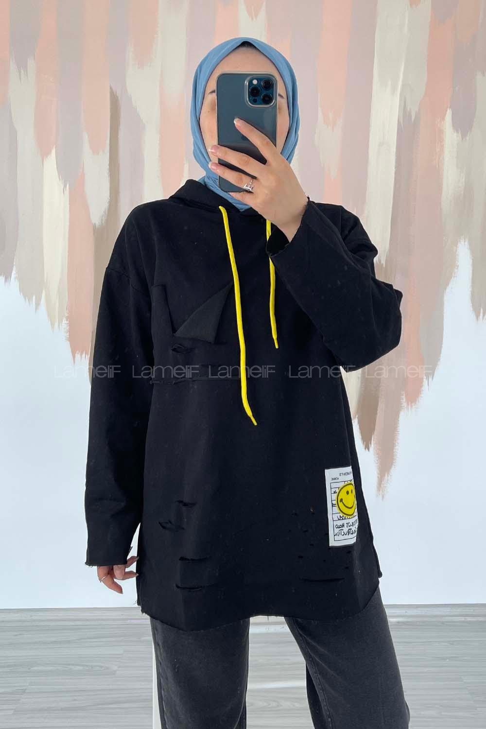 Modalamelif Kapüşon Detaylı Kesik Modelli Sweatshirt Tunik Siyah