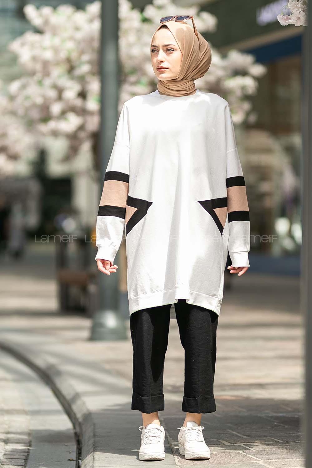 rı Renk Garnili Şerit Desenli Sweat Tunik Beyaz