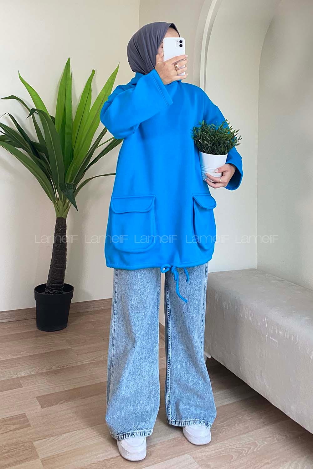 Modalamelif Körük Cepli Sweatshirt Mavi