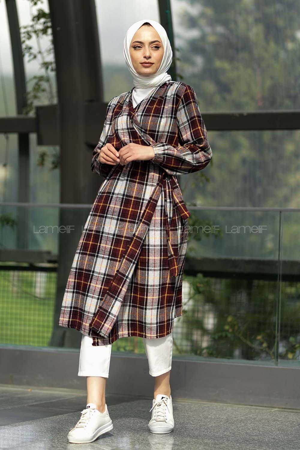 Modalamelif Oduncu Ekose Model Beli Tünel Bağlamalı Trenç Bordo Hardal