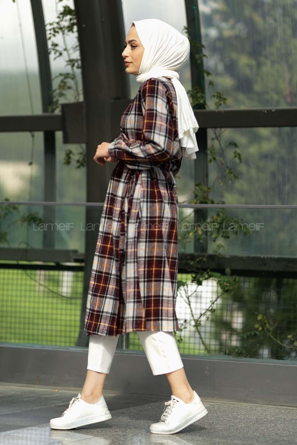 Modalamelif Oduncu Ekose Model Beli Tünel Bağlamalı Trenç Bordo Hardal