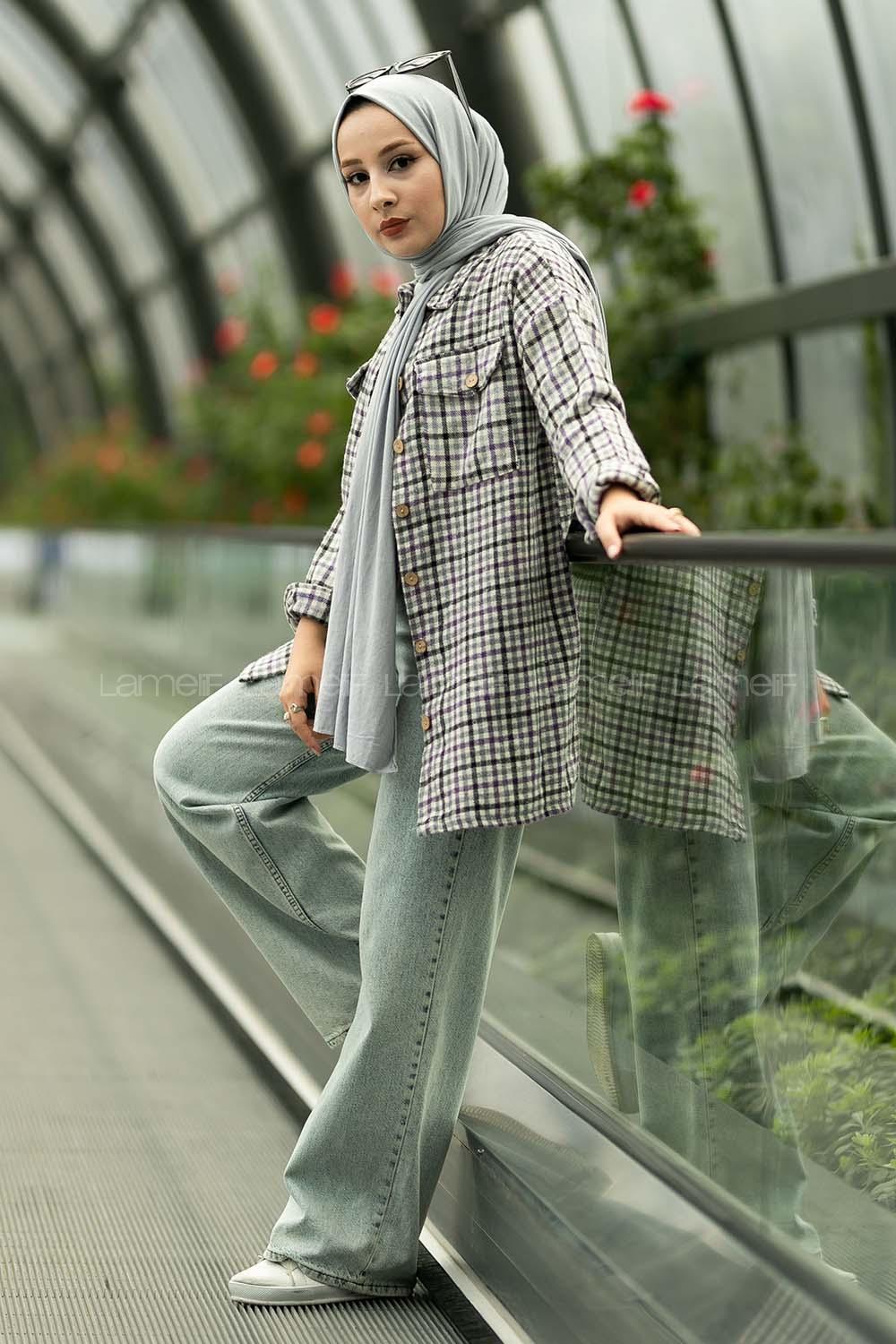 Modalamelif Pötikare Desenli Çift Cepli Oduncu Gömlek Mor