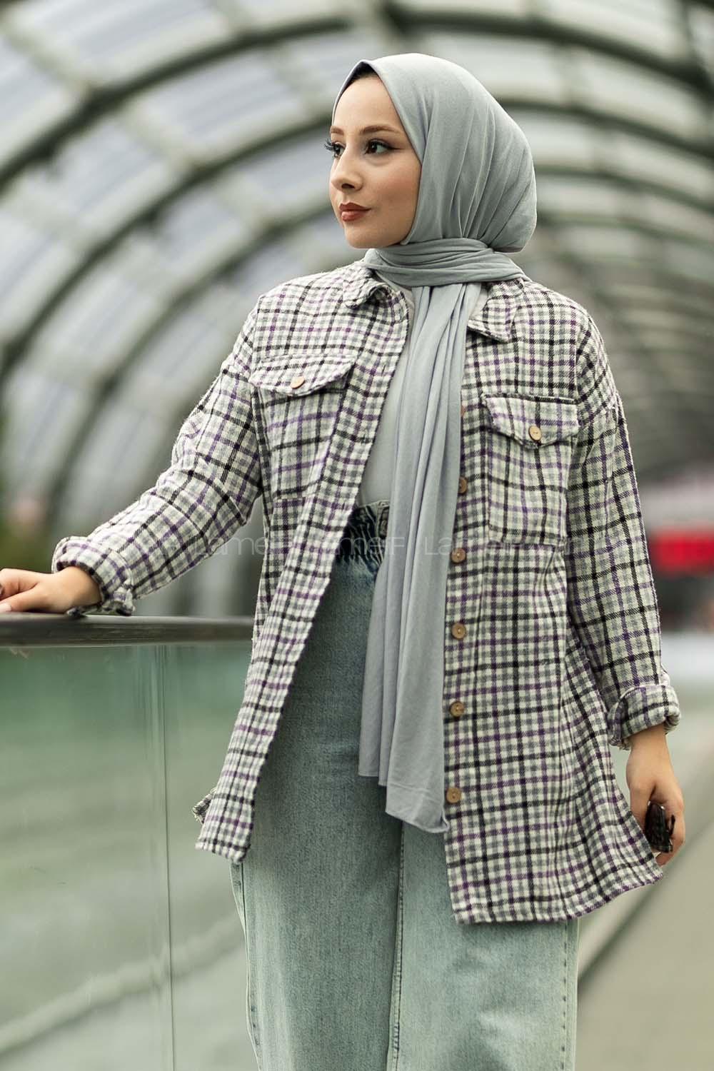 Modalamelif Pötikare Desenli Çift Cepli Oduncu Gömlek Mor