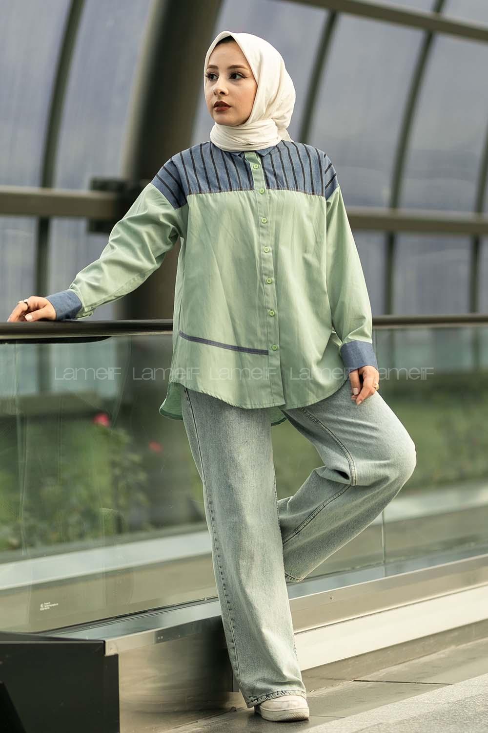 Modalamelif Şerit Çizgi Desenli Önü Boydan Düğmeli  Gömlek Çağla Yeşili