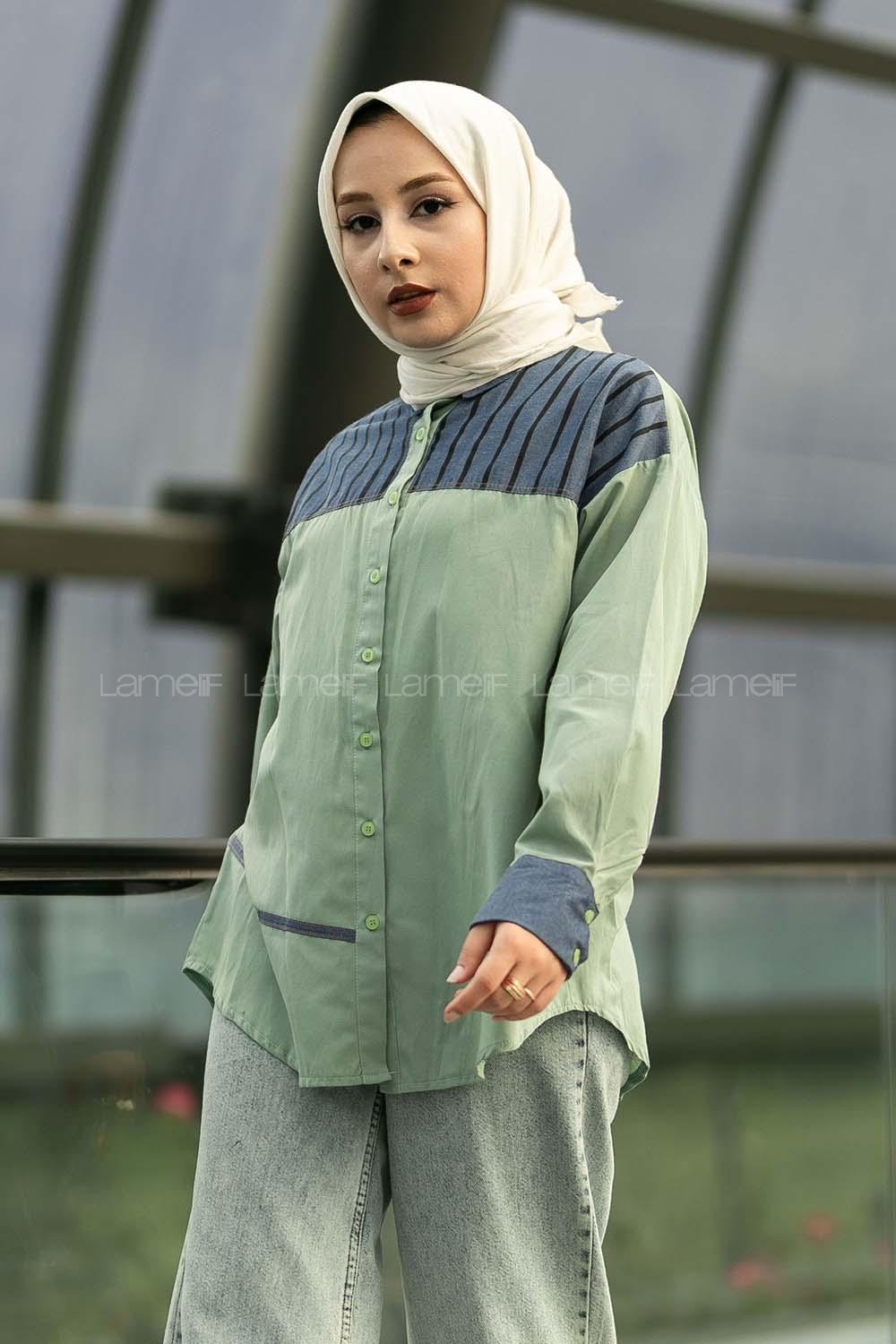 Modalamelif Şerit Çizgi Desenli Önü Boydan Düğmeli  Gömlek Çağla Yeşili