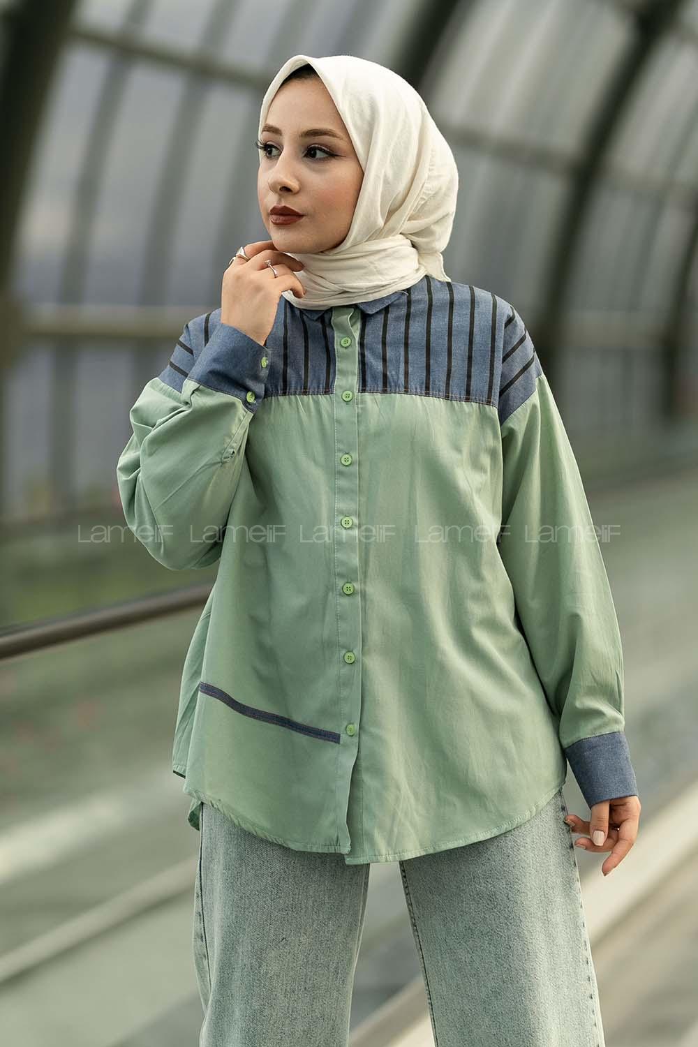 Modalamelif Şerit Çizgi Desenli Önü Boydan Düğmeli  Gömlek Çağla Yeşili