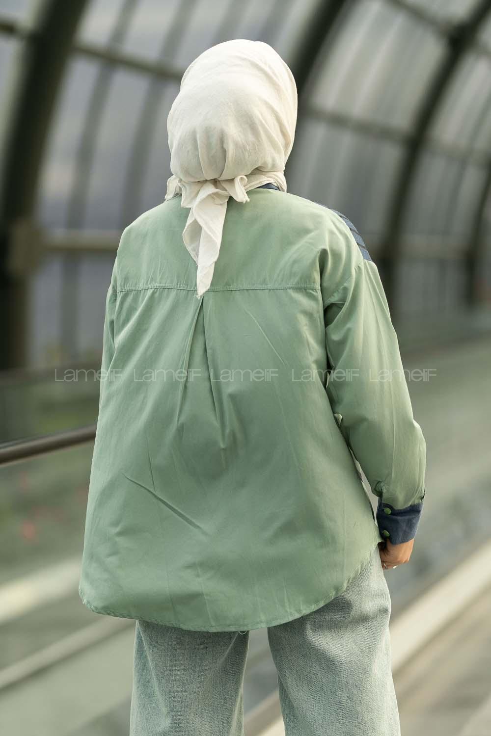 Modalamelif Şerit Çizgi Desenli Önü Boydan Düğmeli  Gömlek Çağla Yeşili