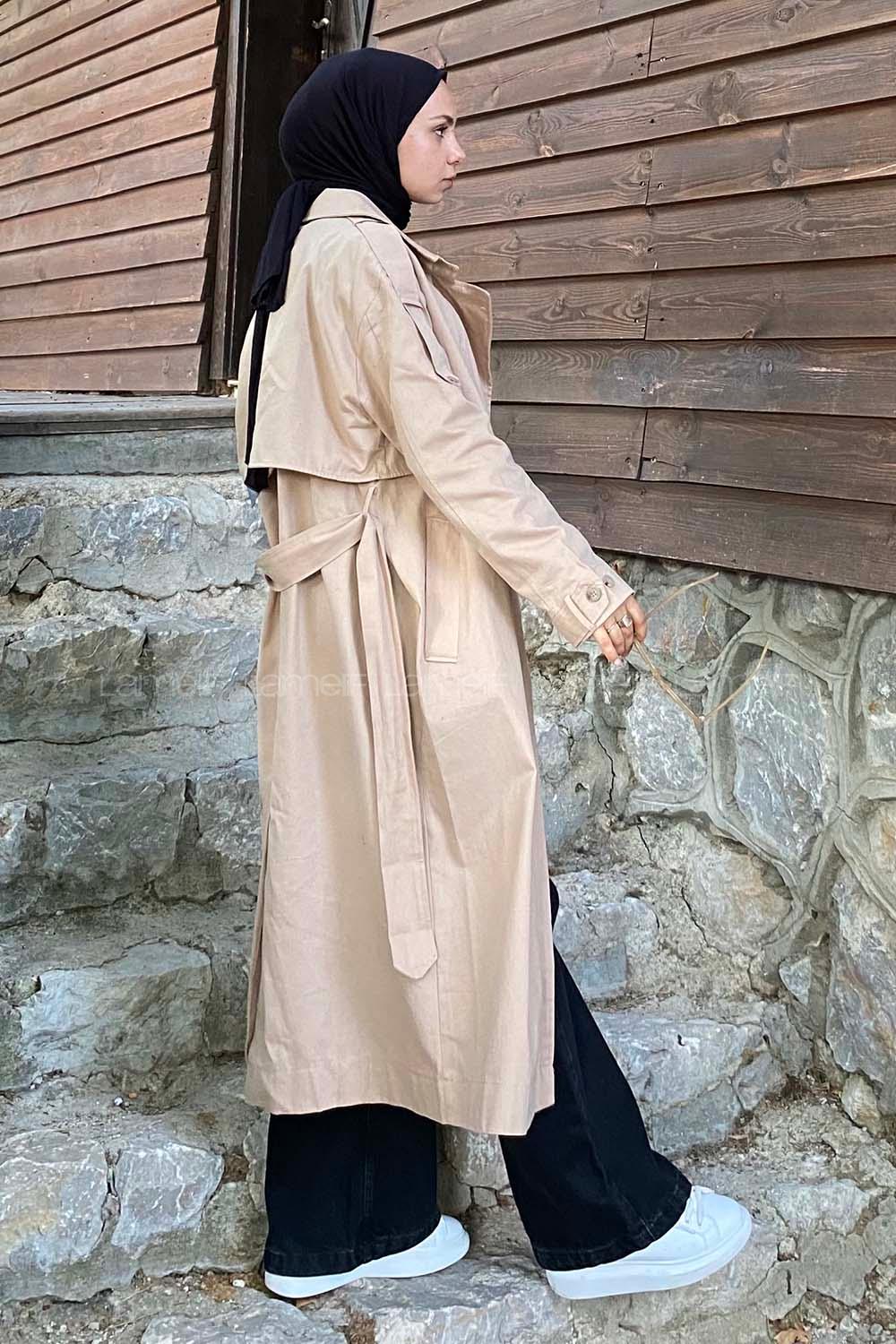 Modalamelif Beli Kuşak Bağlamalı Düğme Detaylı Trenç Bej