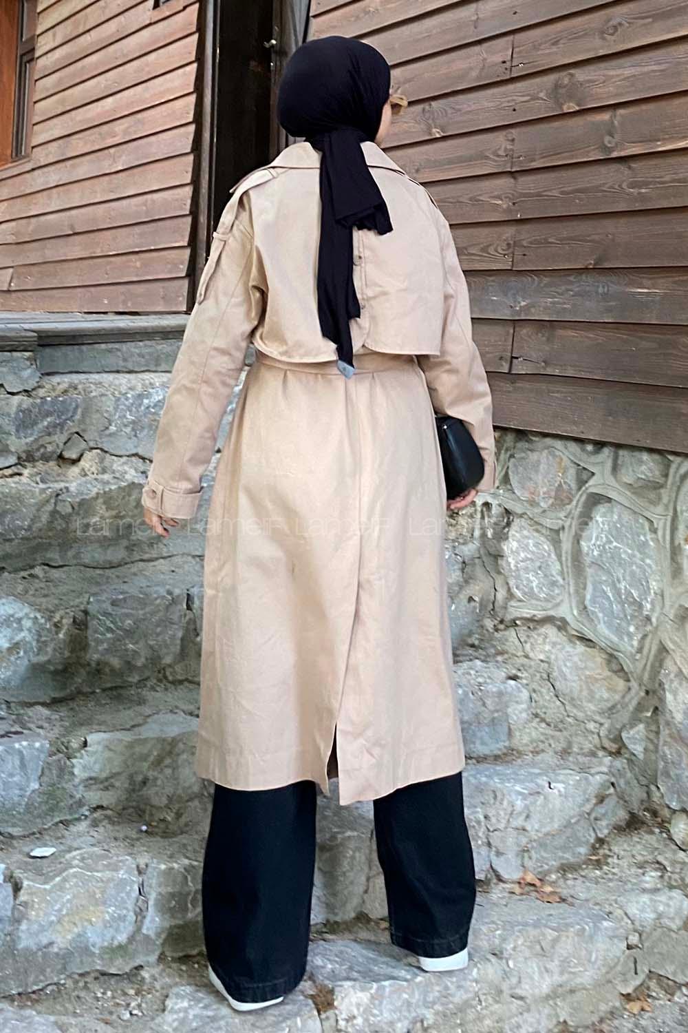 Modalamelif Beli Kuşak Bağlamalı Düğme Detaylı Trenç Bej