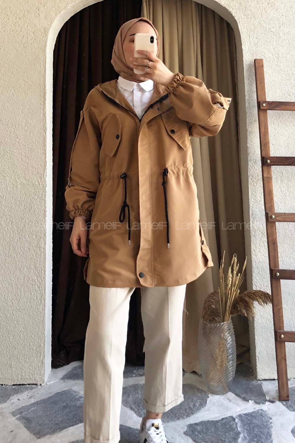 Modalamelif Beli Tünelli Gizli Fermuarlı Kapşonlu Kap Camel