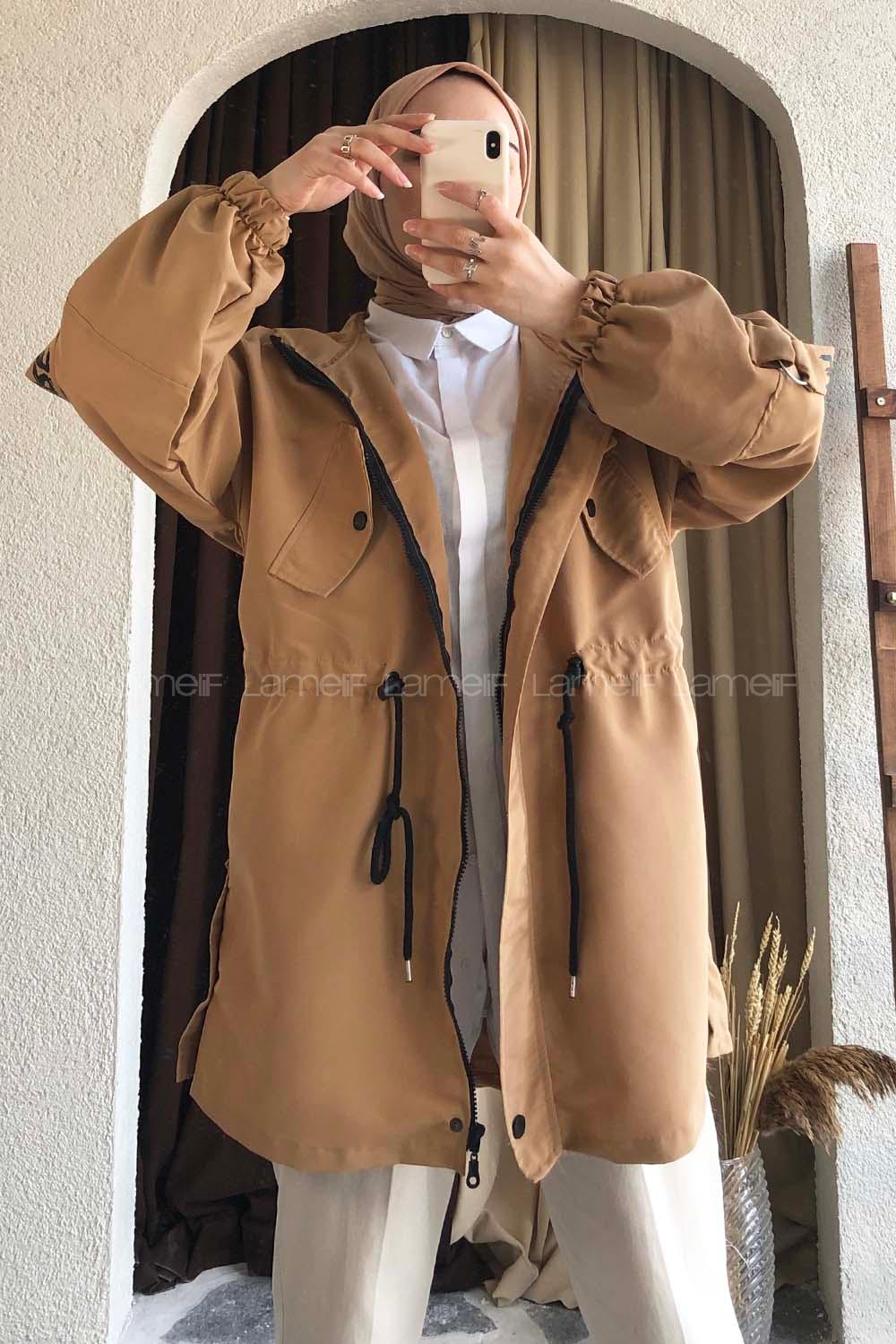 Modalamelif Beli Tünelli Gizli Fermuarlı Kapşonlu Kap Camel