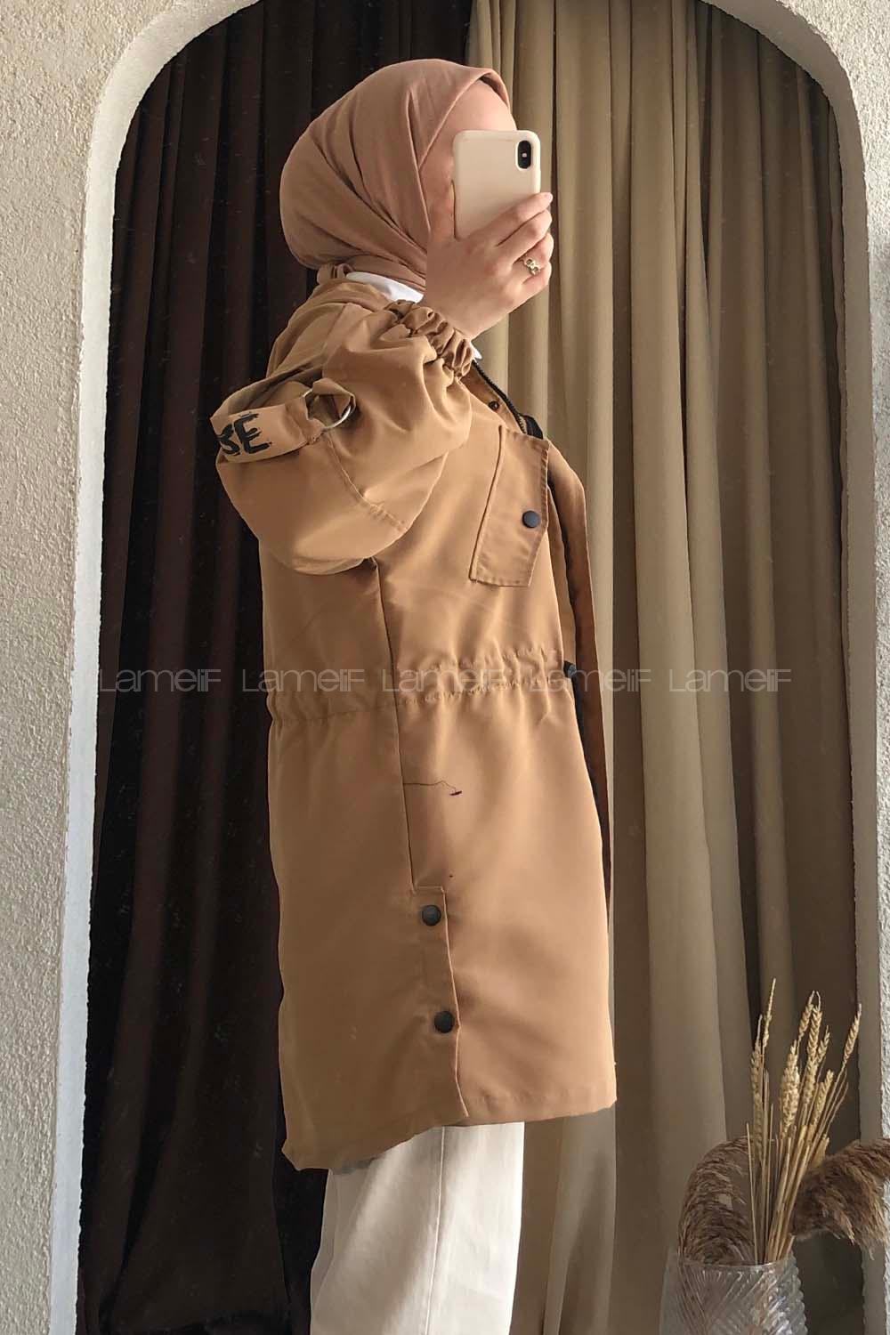 Modalamelif Beli Tünelli Gizli Fermuarlı Kapşonlu Kap Camel