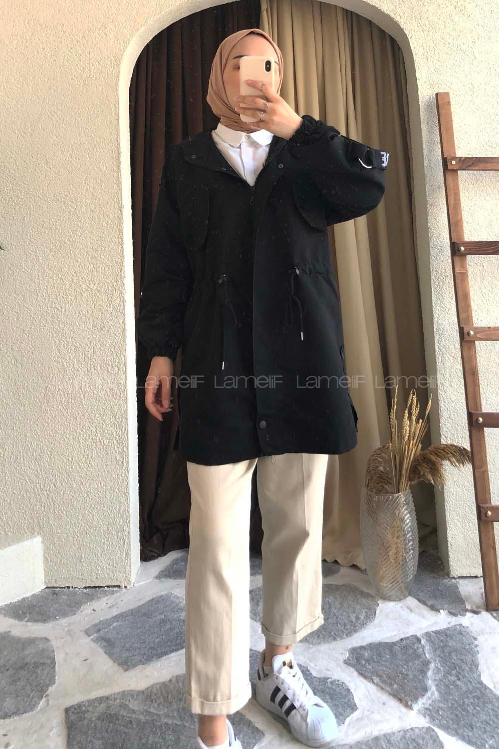 Modalamelif Beli Tünelli Gizli Fermuarlı Kapşonlu Kap Siyah