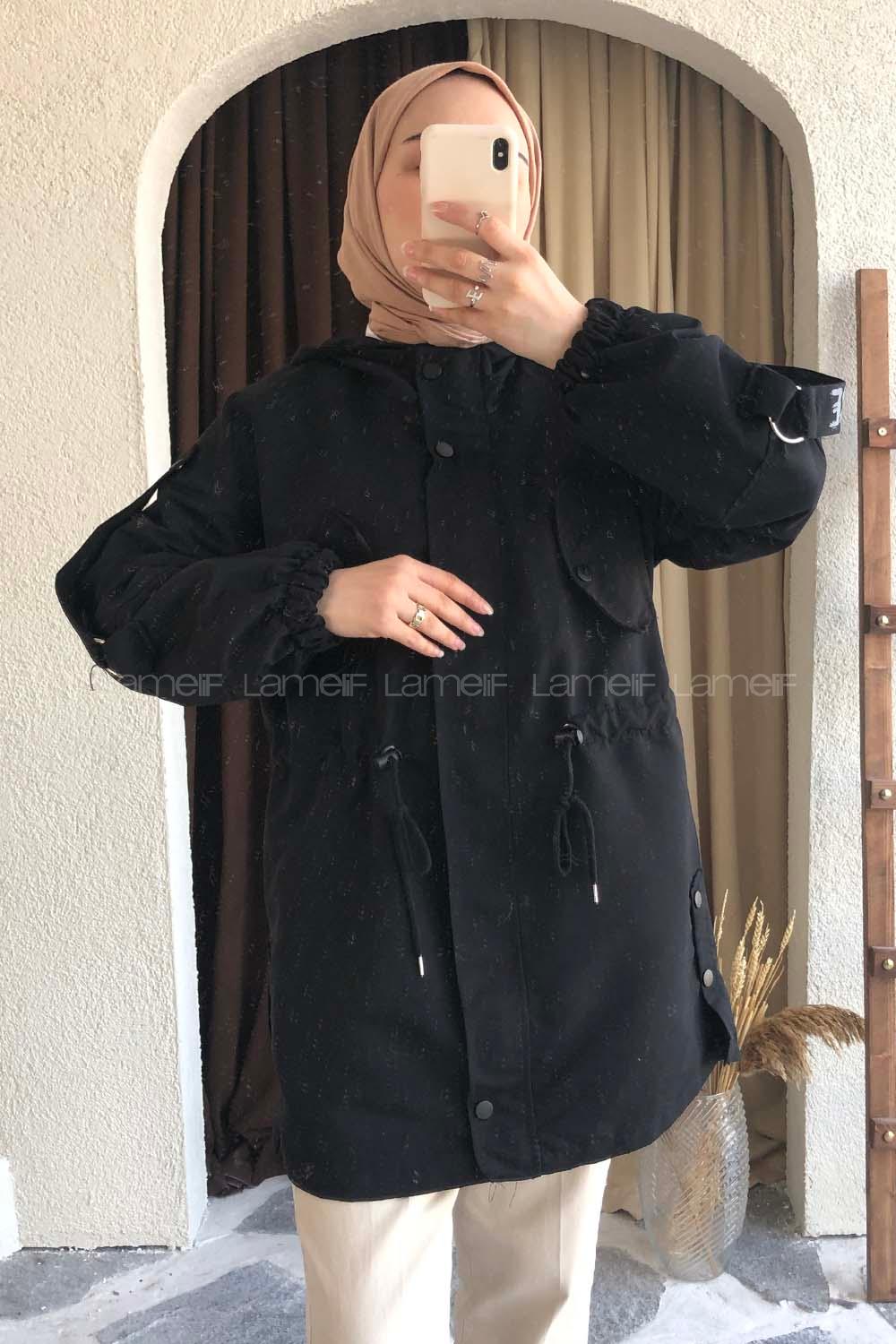 Modalamelif Beli Tünelli Gizli Fermuarlı Kapşonlu Kap Siyah