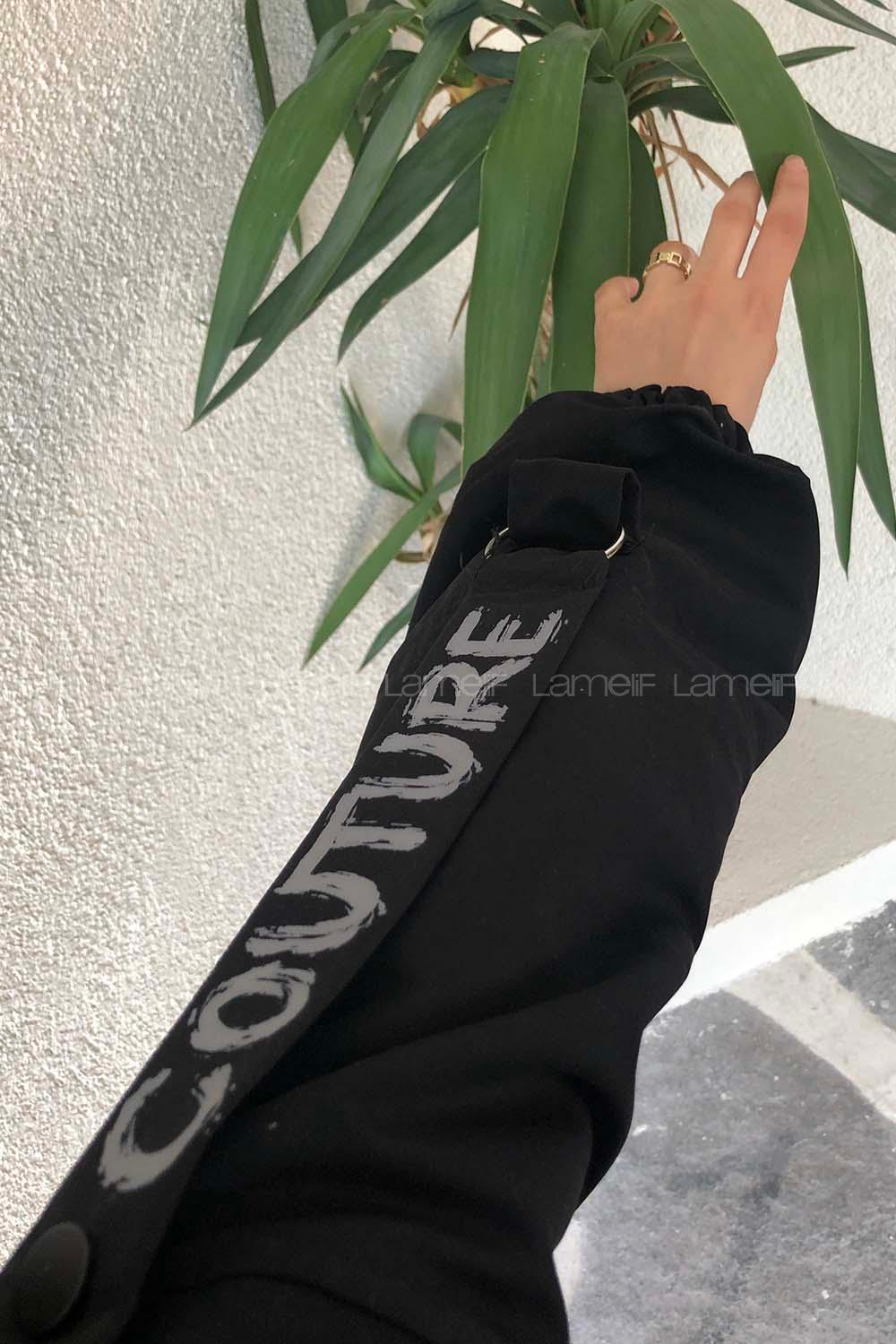 Modalamelif Beli Tünelli Gizli Fermuarlı Kapşonlu Kap Siyah