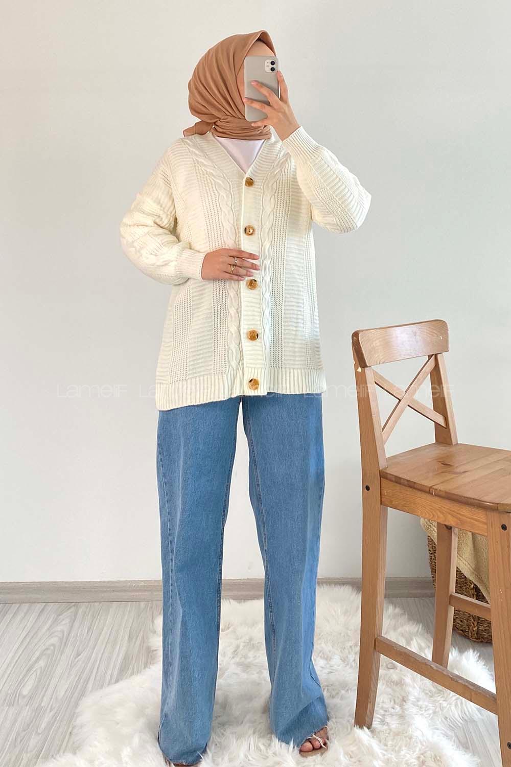 Modalamelif Boydan Düğmeli Örgü Desen Hırka Ekru