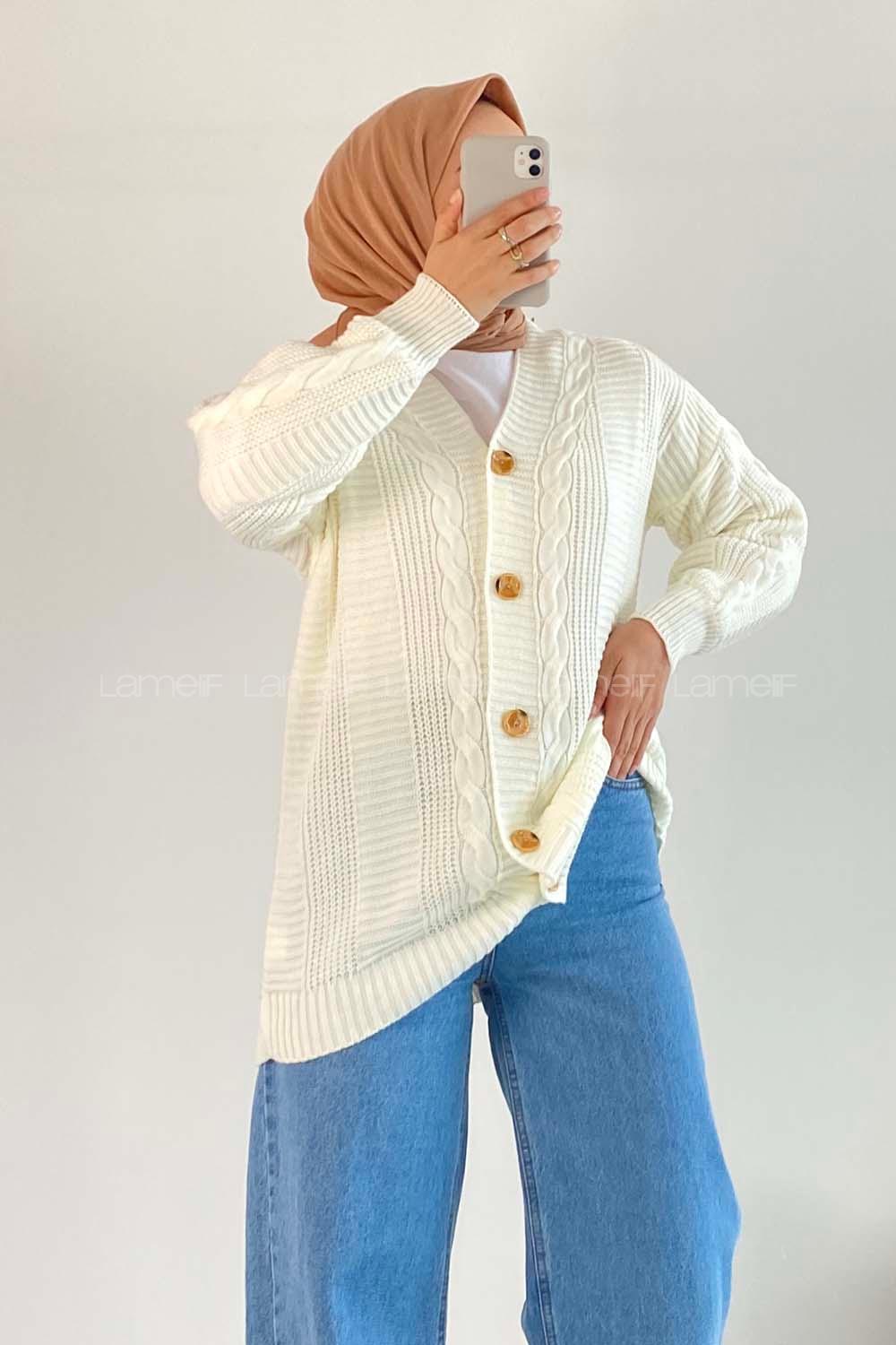 Modalamelif Boydan Düğmeli Örgü Desen Hırka Ekru