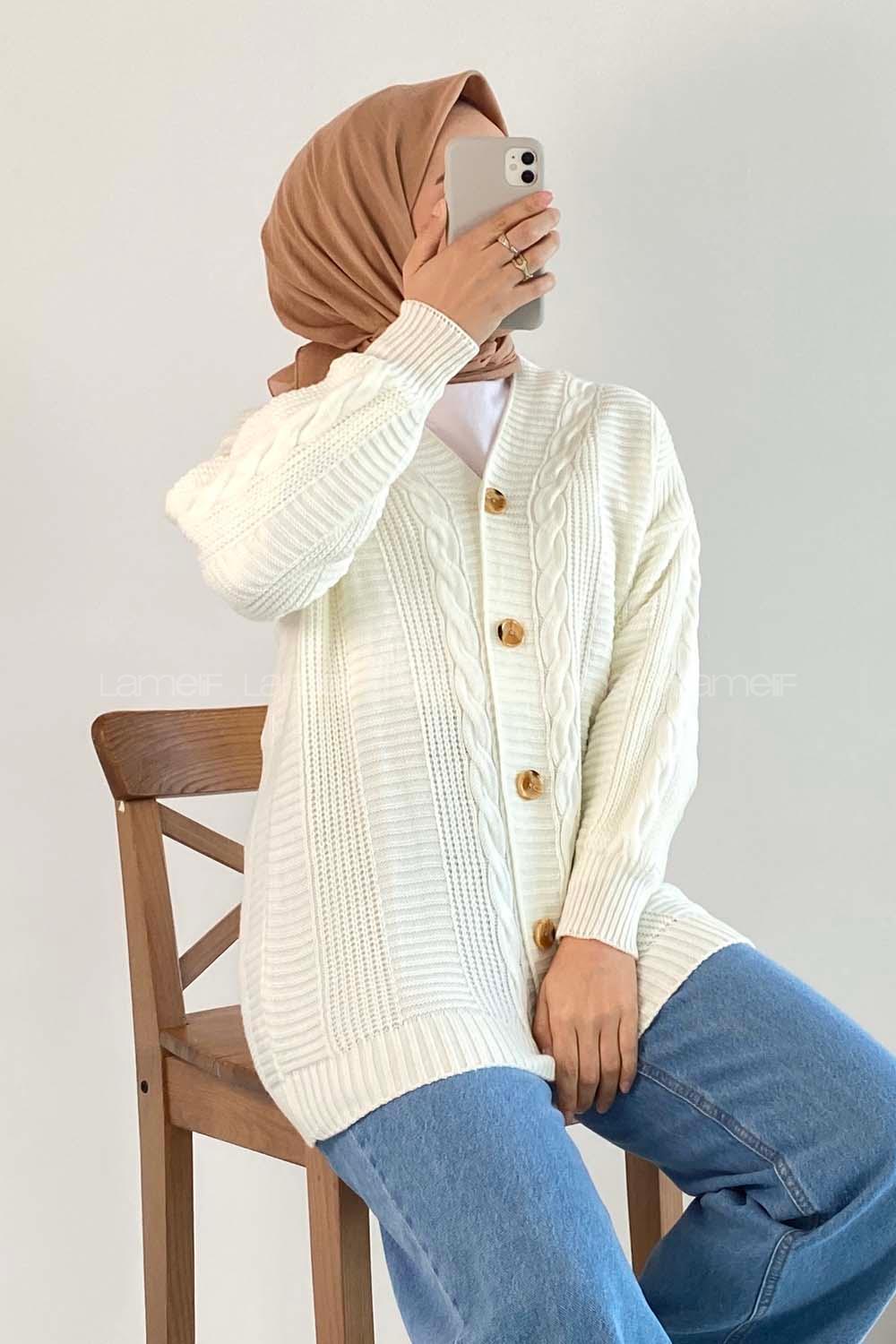 Modalamelif Boydan Düğmeli Örgü Desen Hırka Ekru