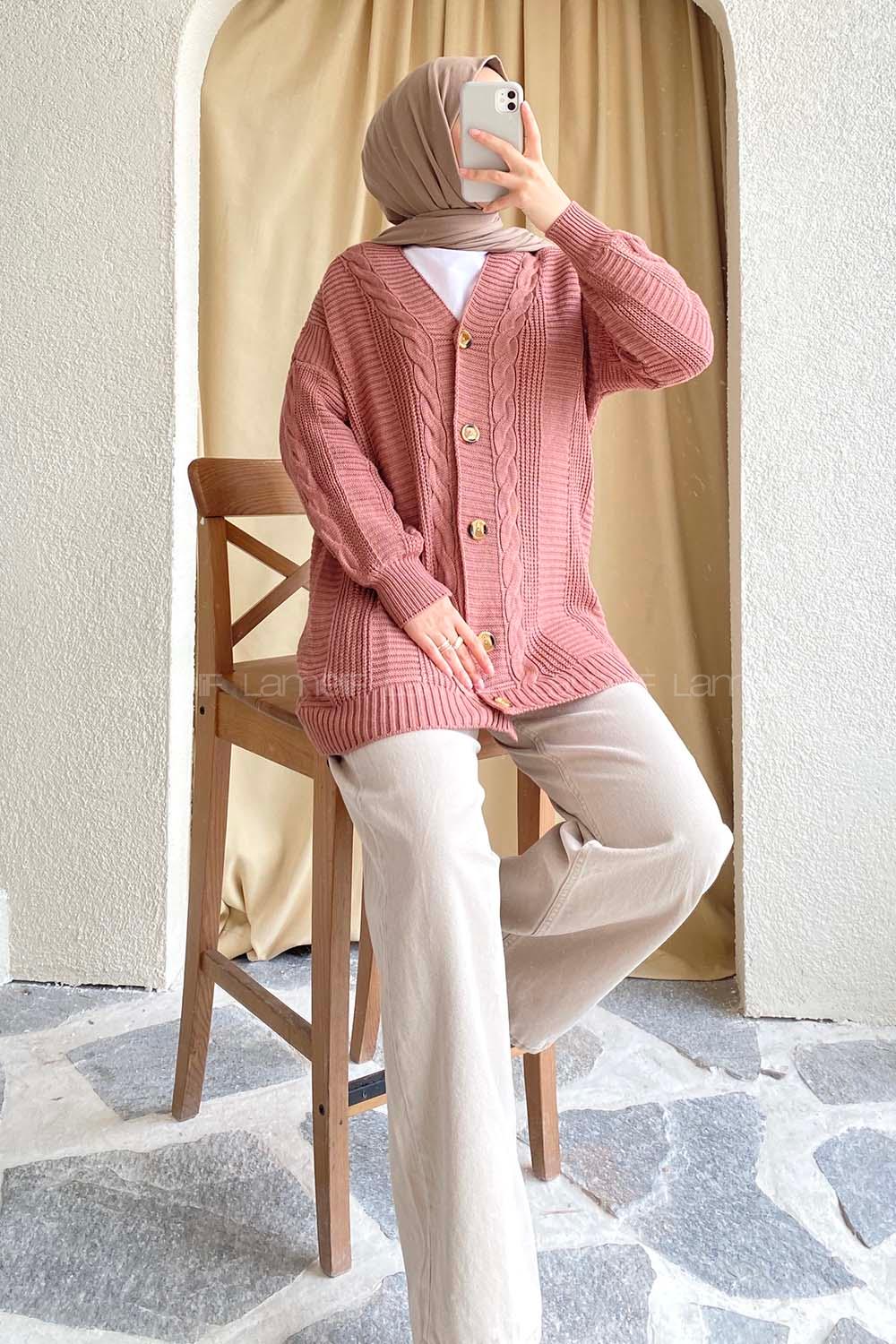 Modalamelif Boydan Düğmeli Örgü Desen Hırka Gül