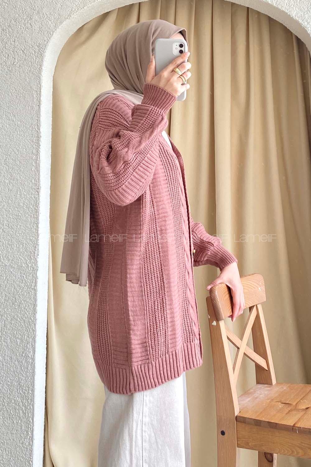 Modalamelif Boydan Düğmeli Örgü Desen Hırka Gül