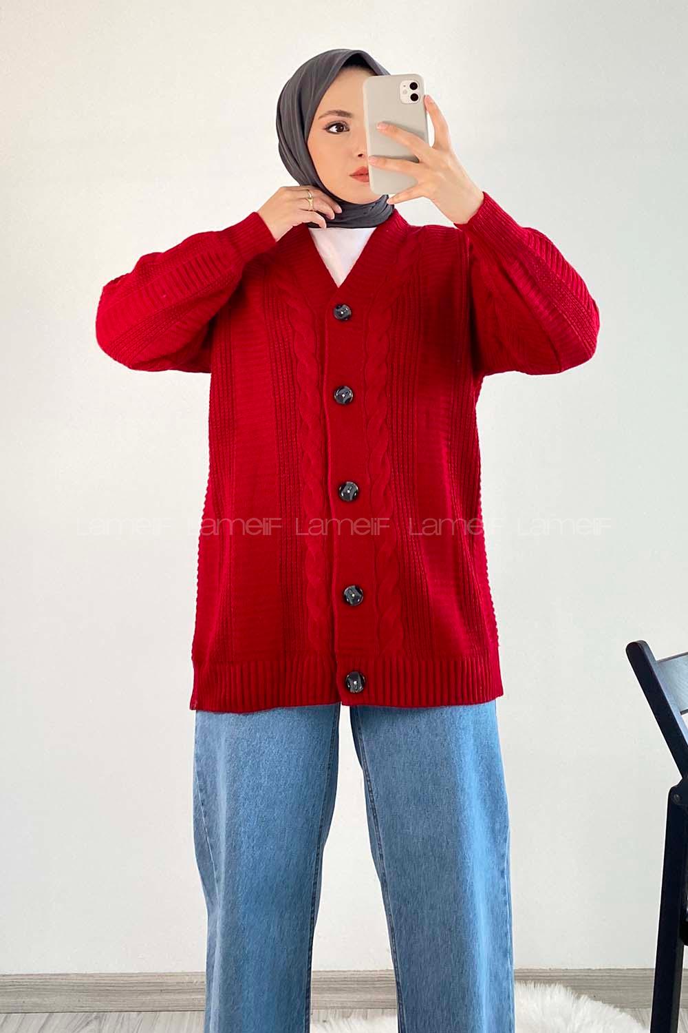 Modalamelif Boydan Düğmeli Örgü Desen Hırka Kırmızı