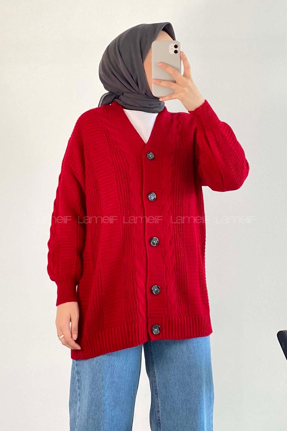 Modalamelif Boydan Düğmeli Örgü Desen Hırka Kırmızı