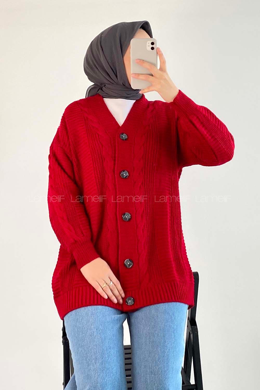 Modalamelif Boydan Düğmeli Örgü Desen Hırka Kırmızı