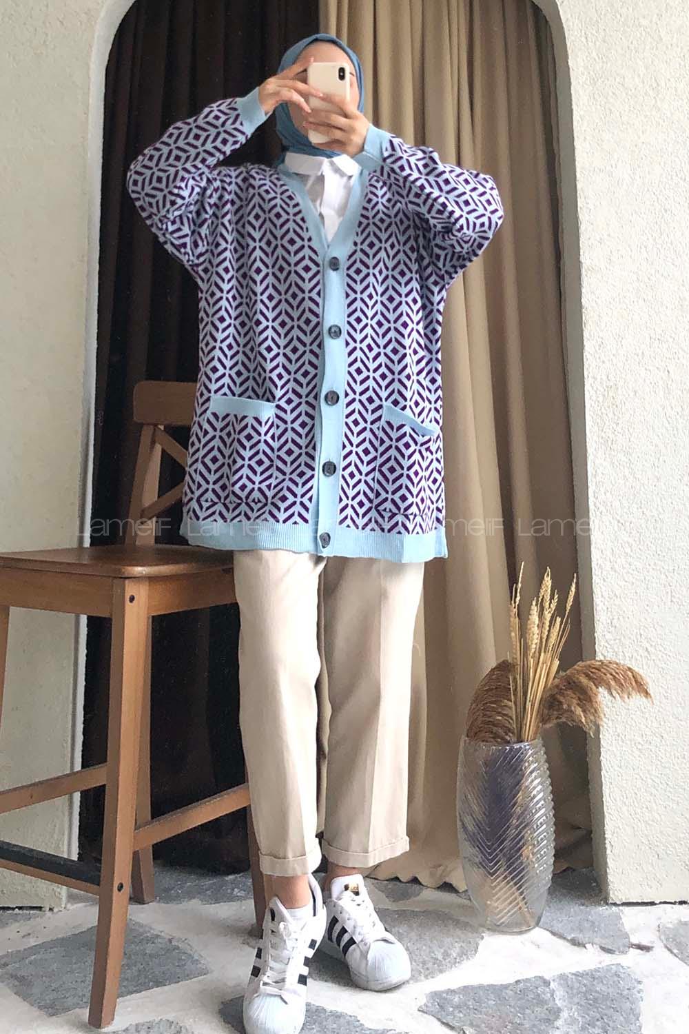 Çift Cepli Renk Garnili Desenli Triko Hırka Açık Mavi - Mor