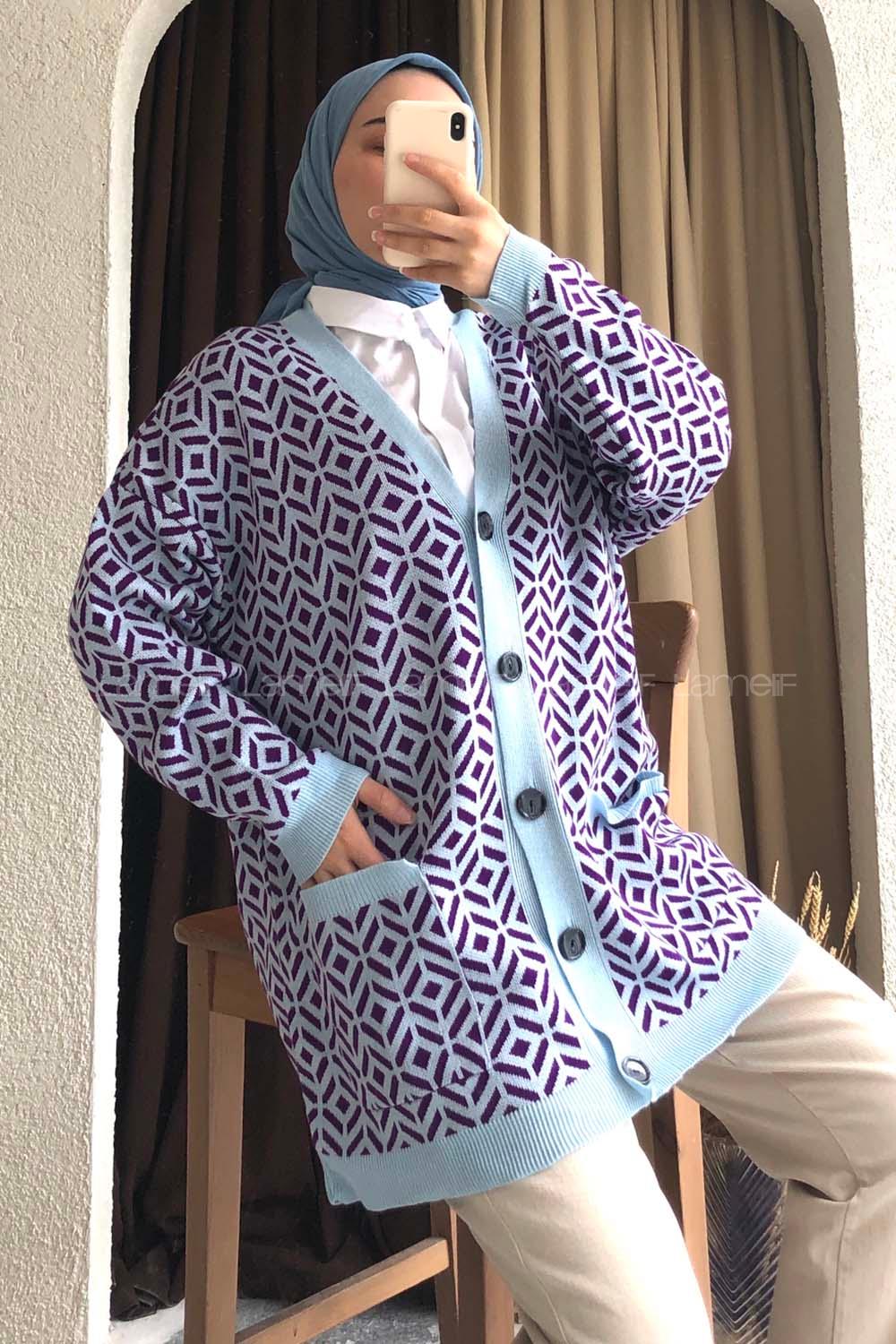 Çift Cepli Renk Garnili Desenli Triko Hırka Açık Mavi - Mor