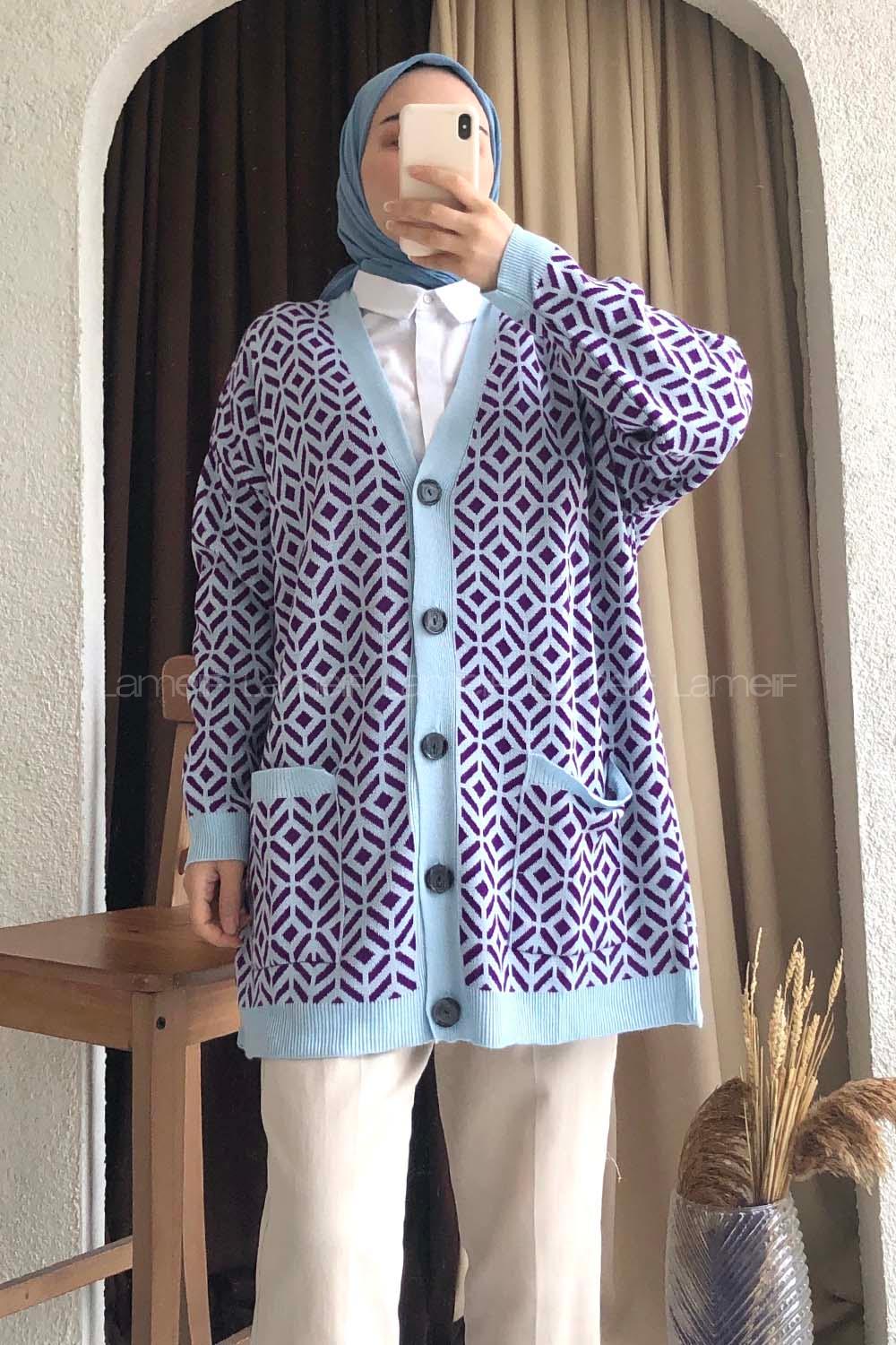 Çift Cepli Renk Garnili Desenli Triko Hırka Açık Mavi - Mor