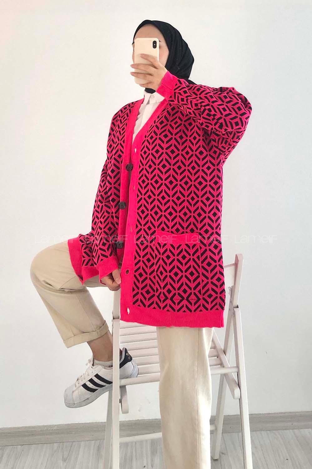 Modalamelif Çift Cepli Renk Garnili Desenli Triko Hırka Fuşya-Siyah