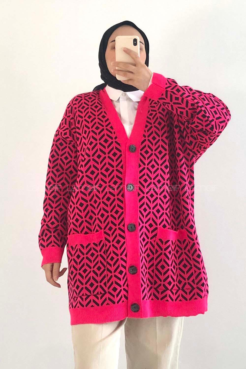 Modalamelif Çift Cepli Renk Garnili Desenli Triko Hırka Fuşya-Siyah