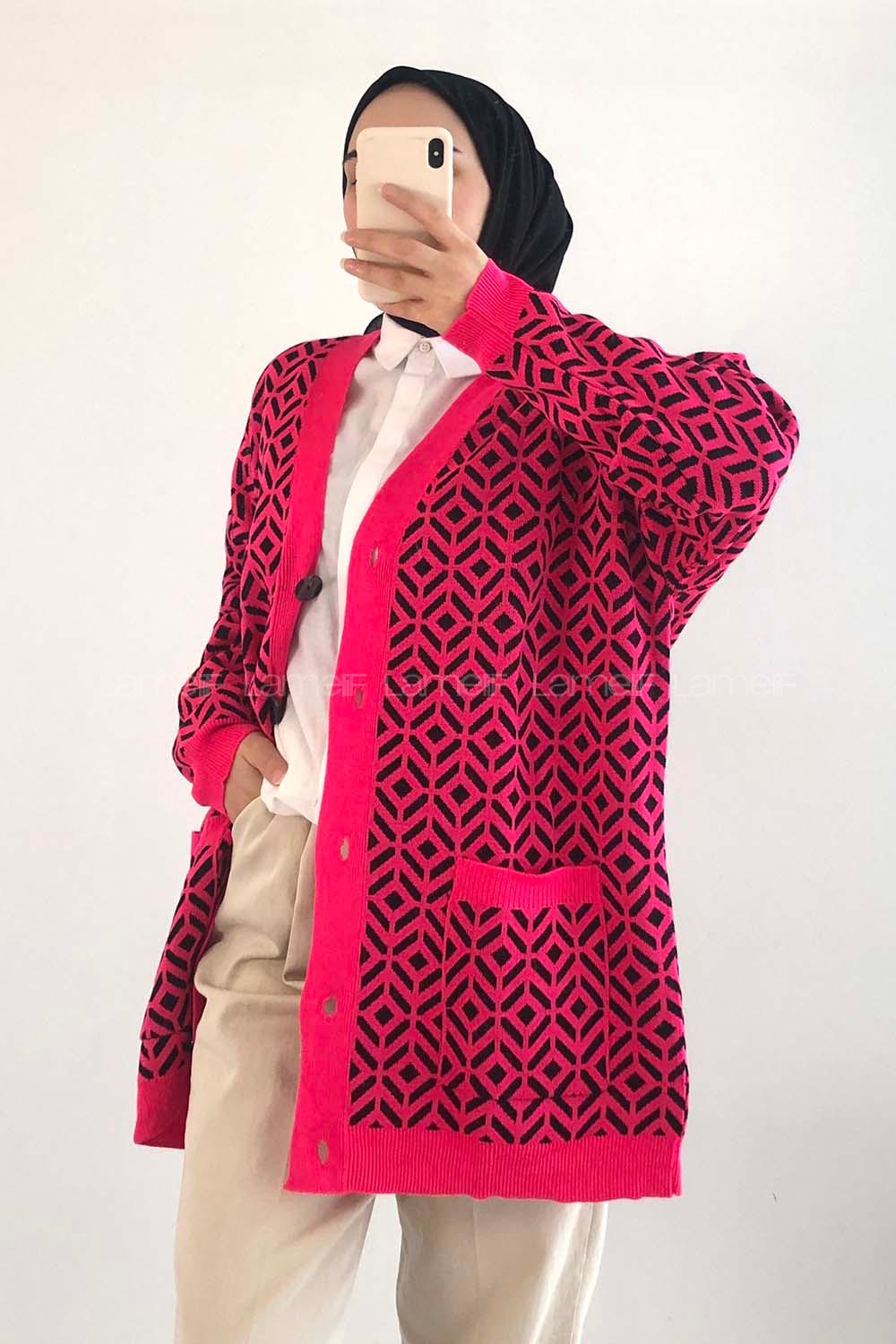 Modalamelif Çift Cepli Renk Garnili Desenli Triko Hırka Fuşya-Siyah