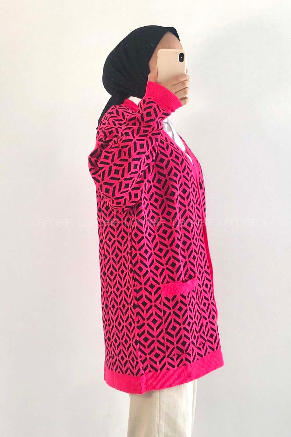 Modalamelif Çift Cepli Renk Garnili Desenli Triko Hırka Fuşya-Siyah