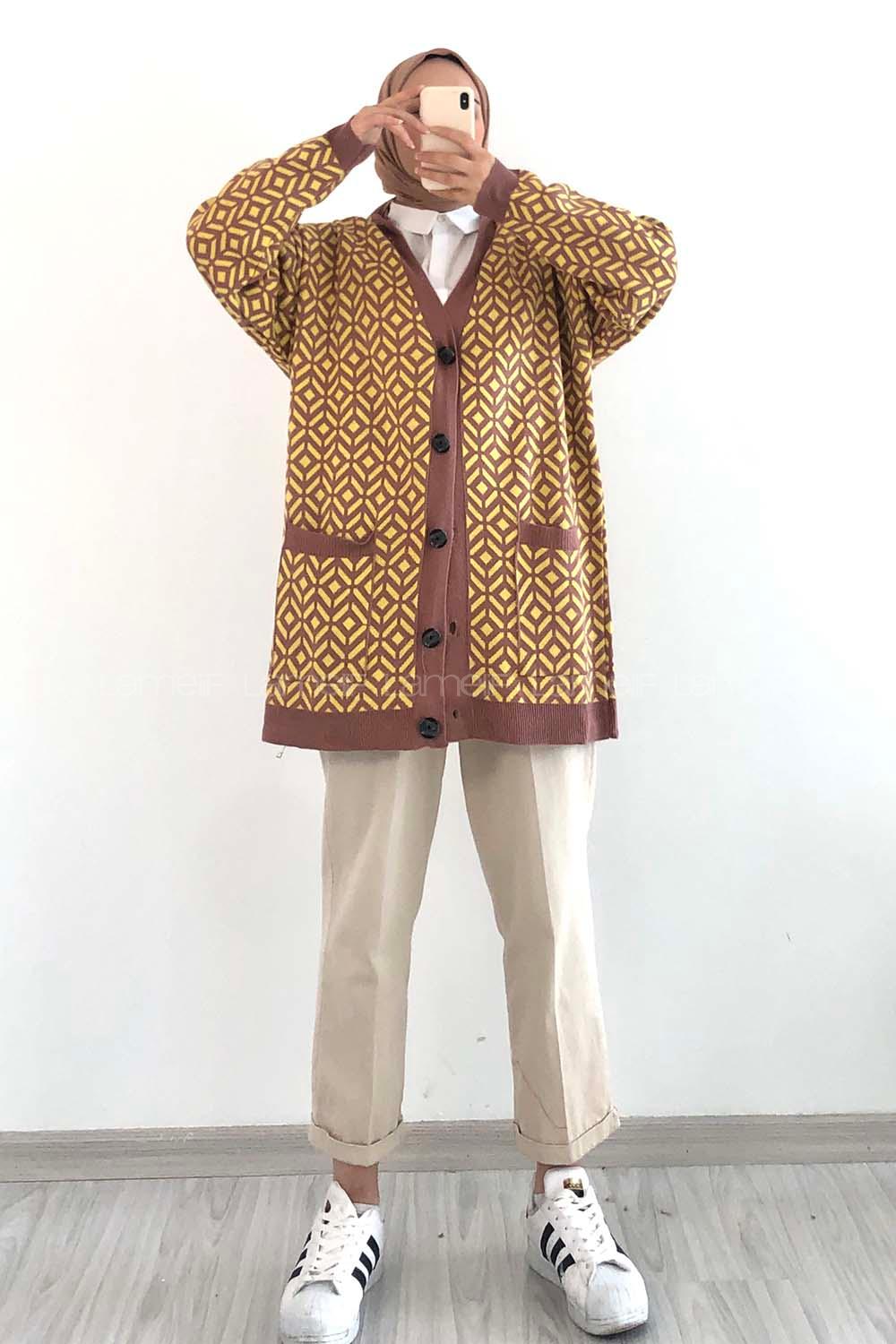 Modalamelif Çift Cepli Renk Garnili Desenli Triko Hırka Gül - Sarı