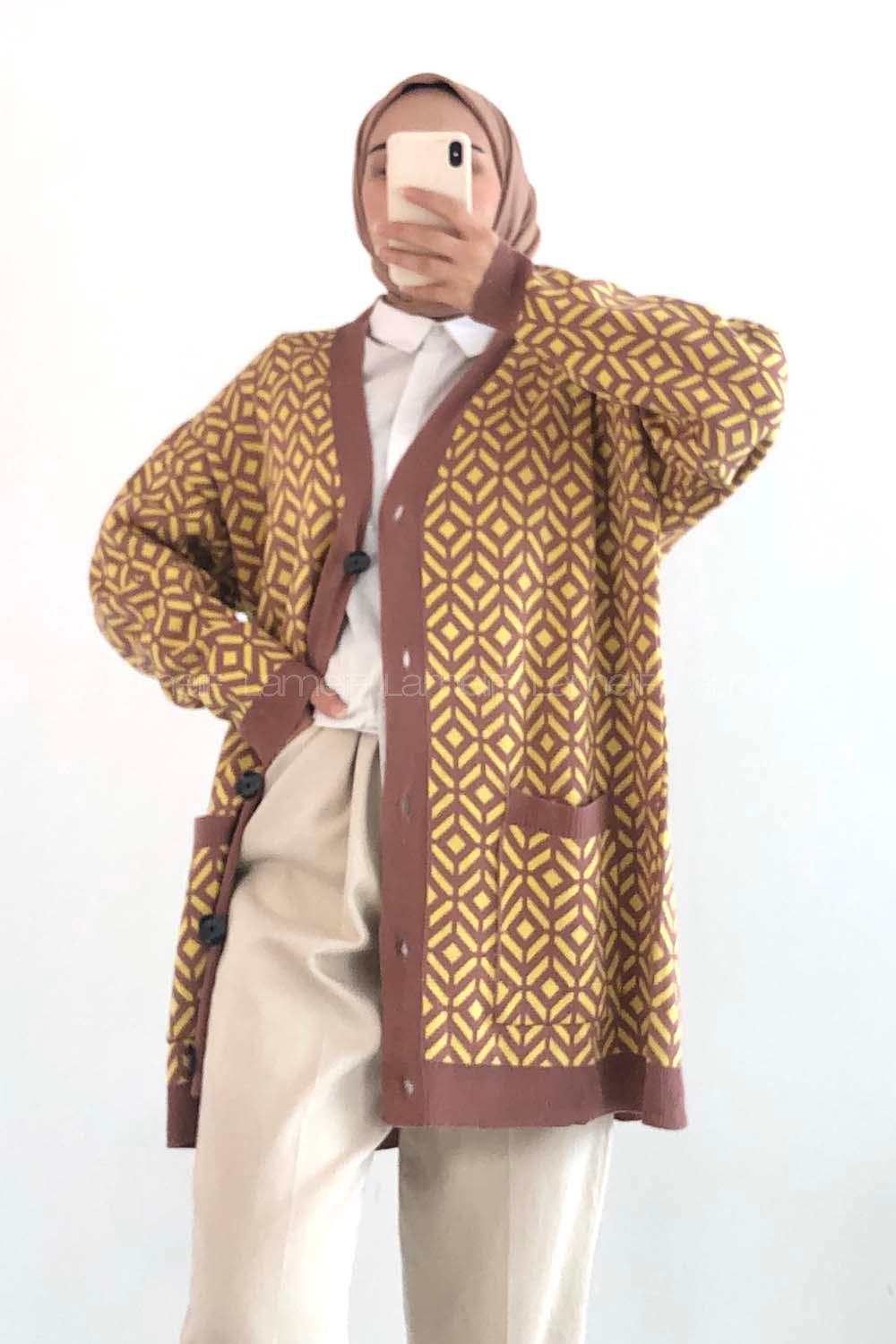 Modalamelif Çift Cepli Renk Garnili Desenli Triko Hırka Gül - Sarı