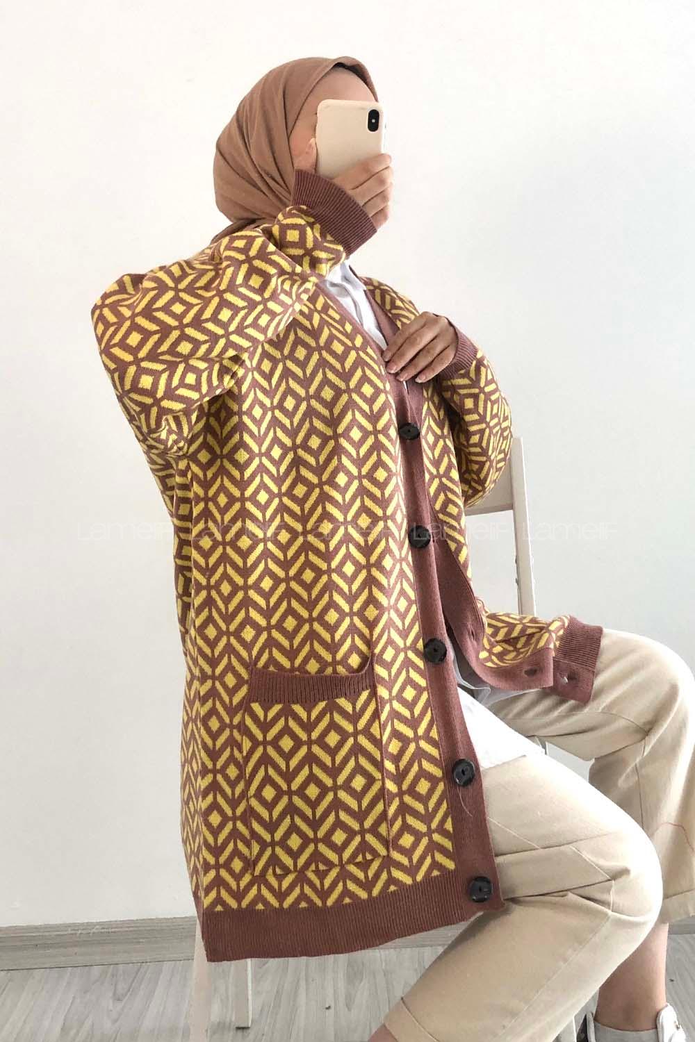 Modalamelif Çift Cepli Renk Garnili Desenli Triko Hırka Gül - Sarı