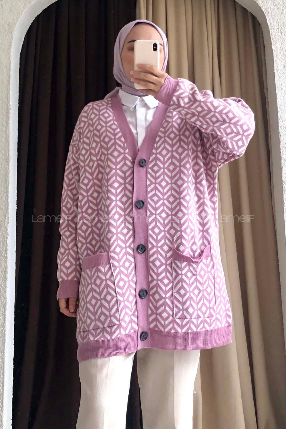 Modalamelif Çift Cepli Renk Garnili Desenli Triko Hırka Lila