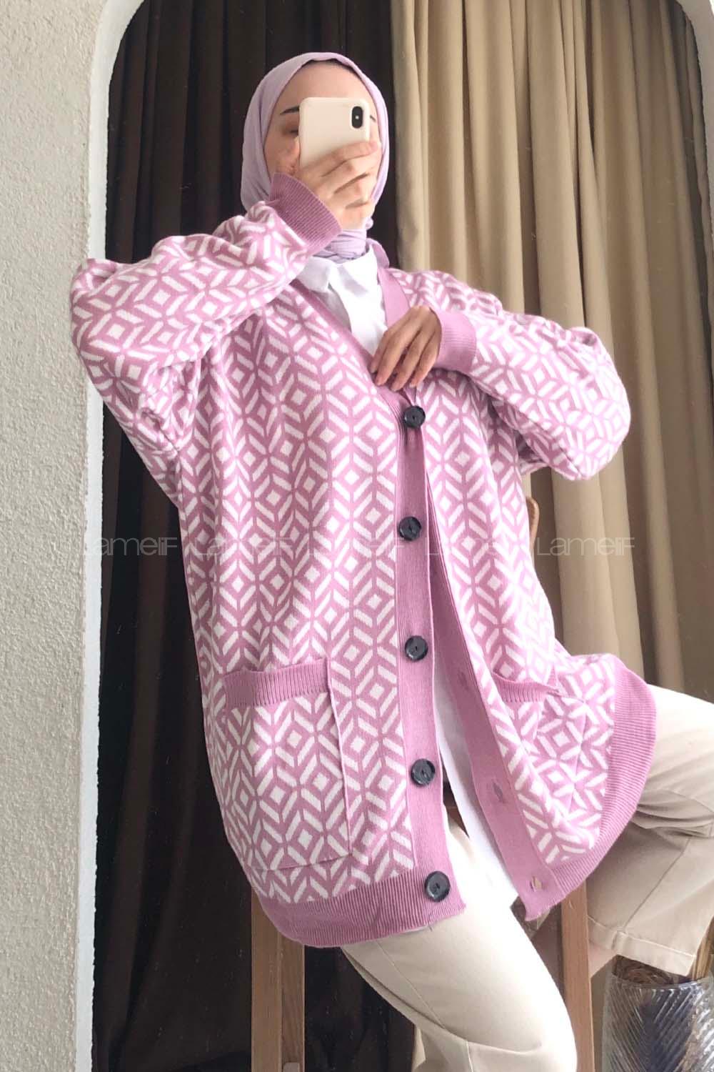 Modalamelif Çift Cepli Renk Garnili Desenli Triko Hırka Lila