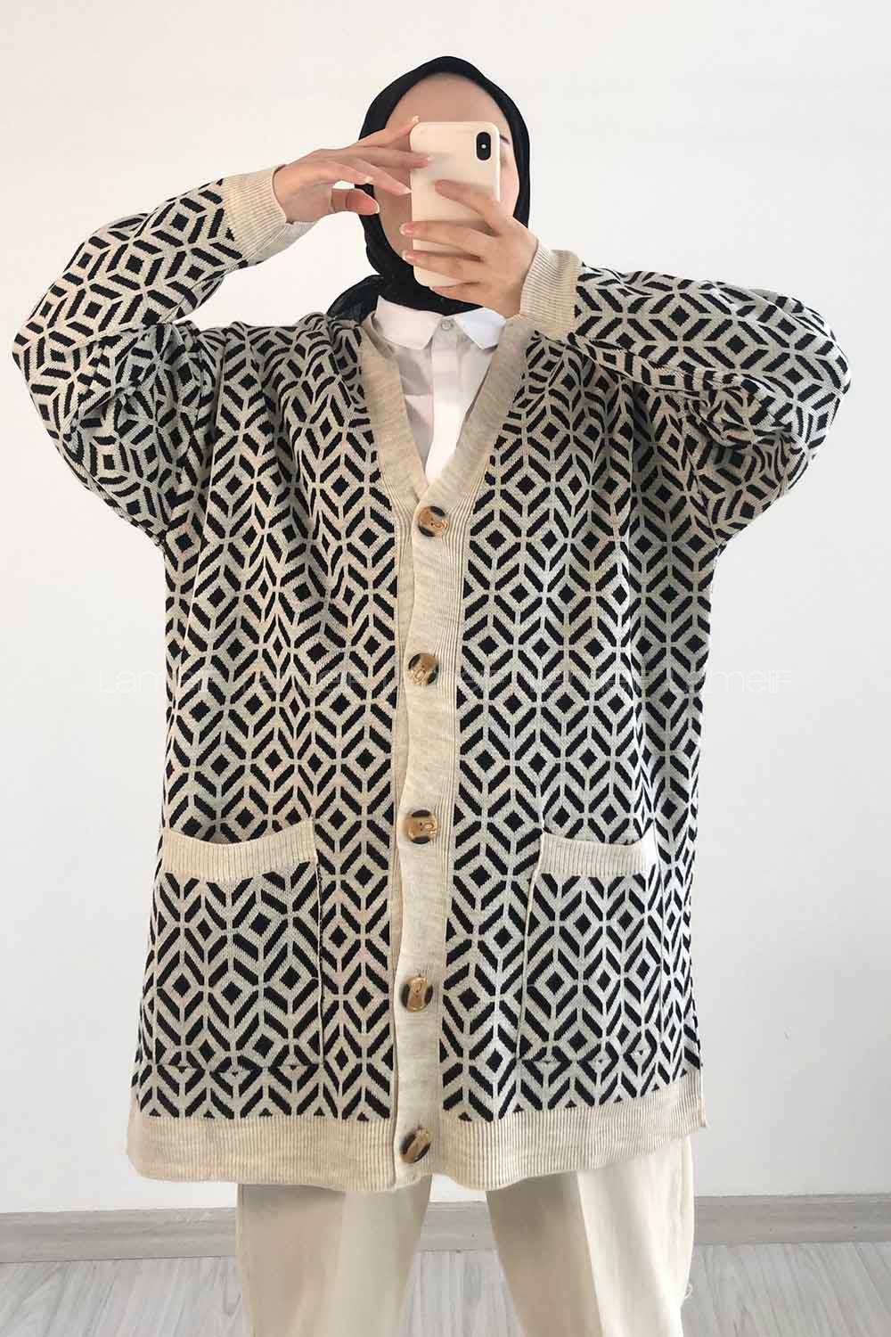 Modalamelif Çift Cepli Renk Garnili Desenli Triko Hırka Taş - Siyah