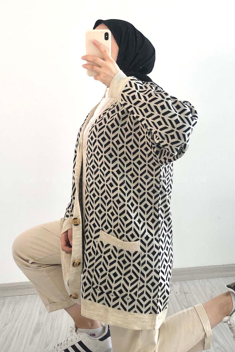 Modalamelif Çift Cepli Renk Garnili Desenli Triko Hırka Taş - Siyah