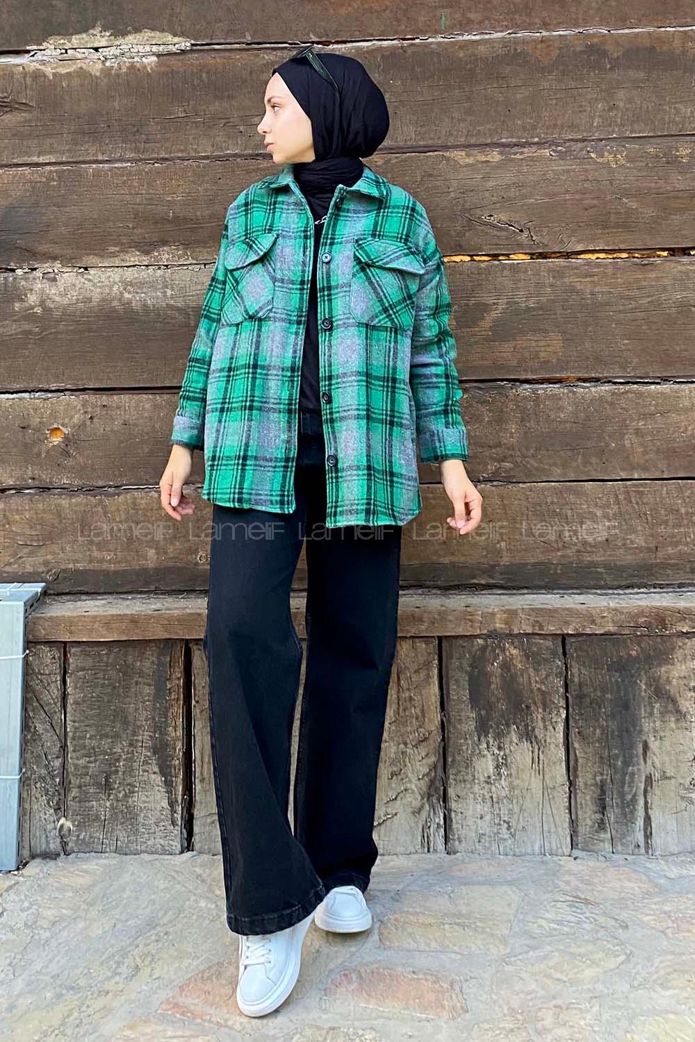 Modalamelif Çift Kapak Cepli Önü Boydan Düğmeli Oduncu Gömlek Yeşil