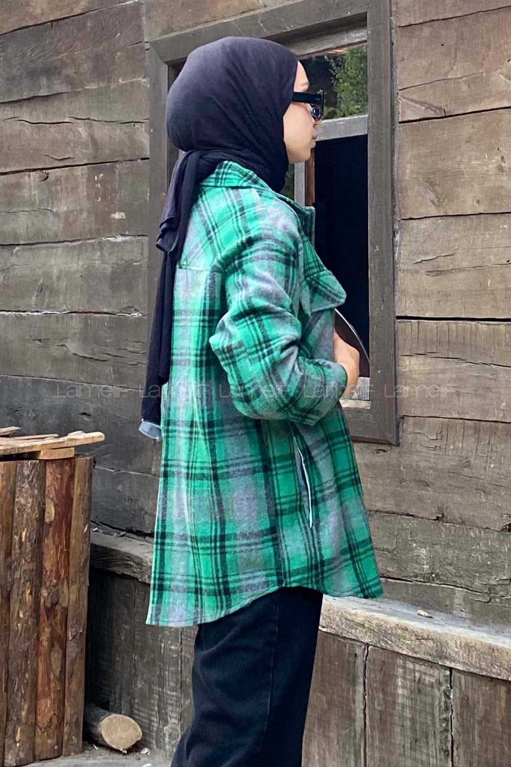 Modalamelif Çift Kapak Cepli Önü Boydan Düğmeli Oduncu Gömlek Yeşil