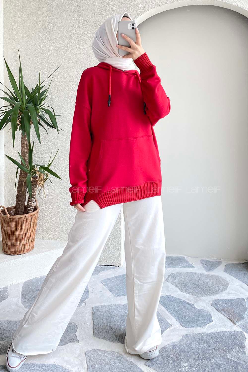 Modalamelif Kanguru Cep Kapüşon Detaylı Düz Vallyn Sweat Kırmızı