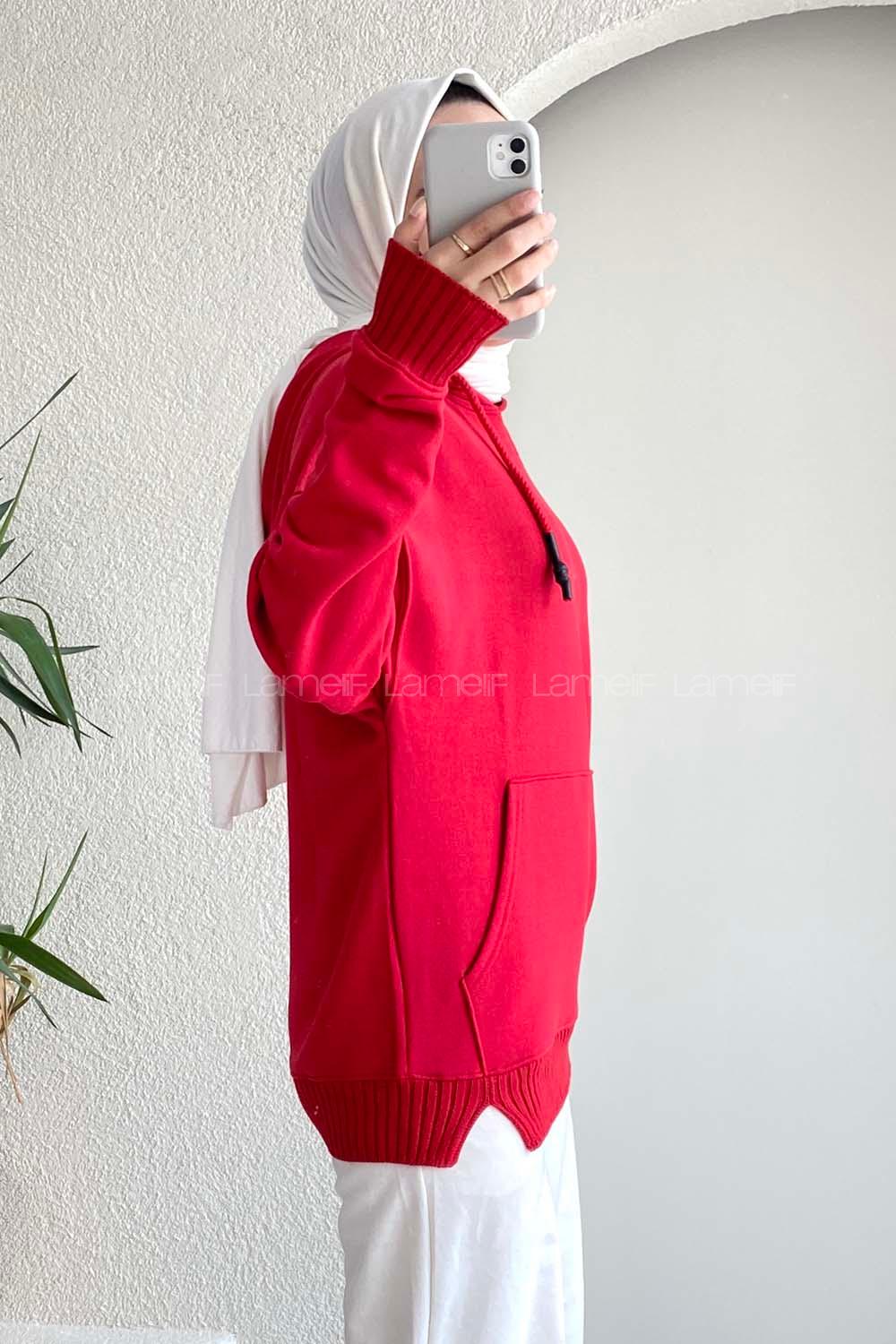 Modalamelif Kanguru Cep Kapüşon Detaylı Düz Vallyn Sweat Kırmızı