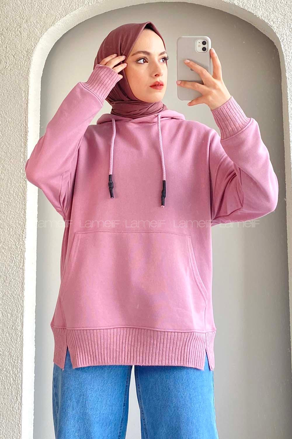 Modalamelif Kanguru Cep Kapüşon Detaylı Düz Vallyn Sweat Lila