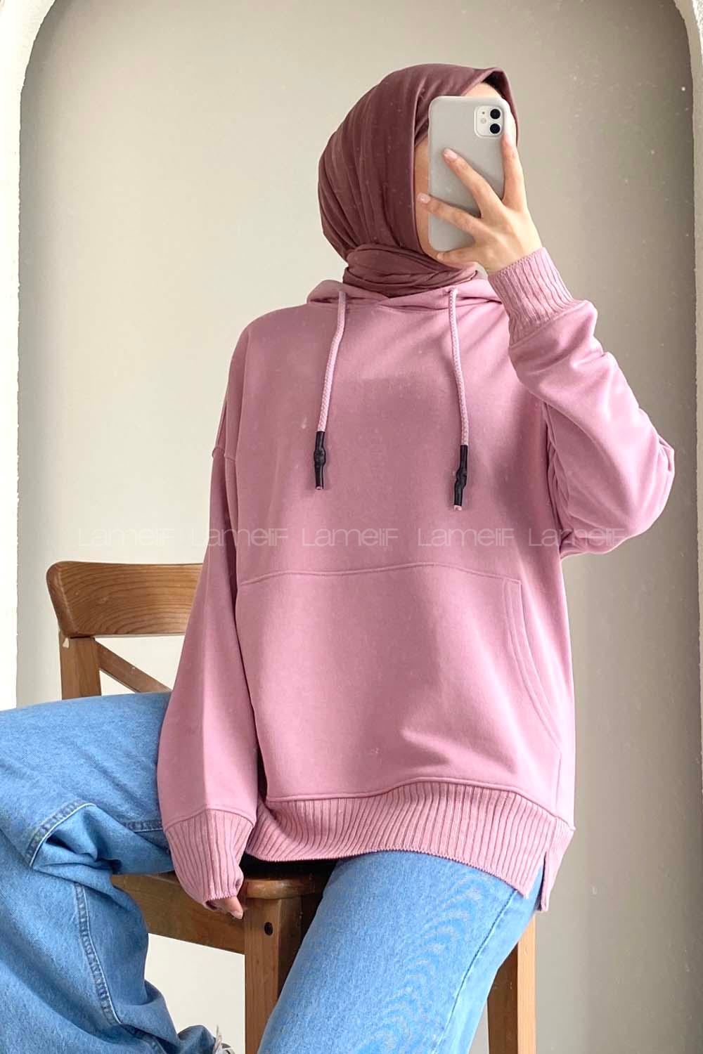 Modalamelif Kanguru Cep Kapüşon Detaylı Düz Vallyn Sweat Lila