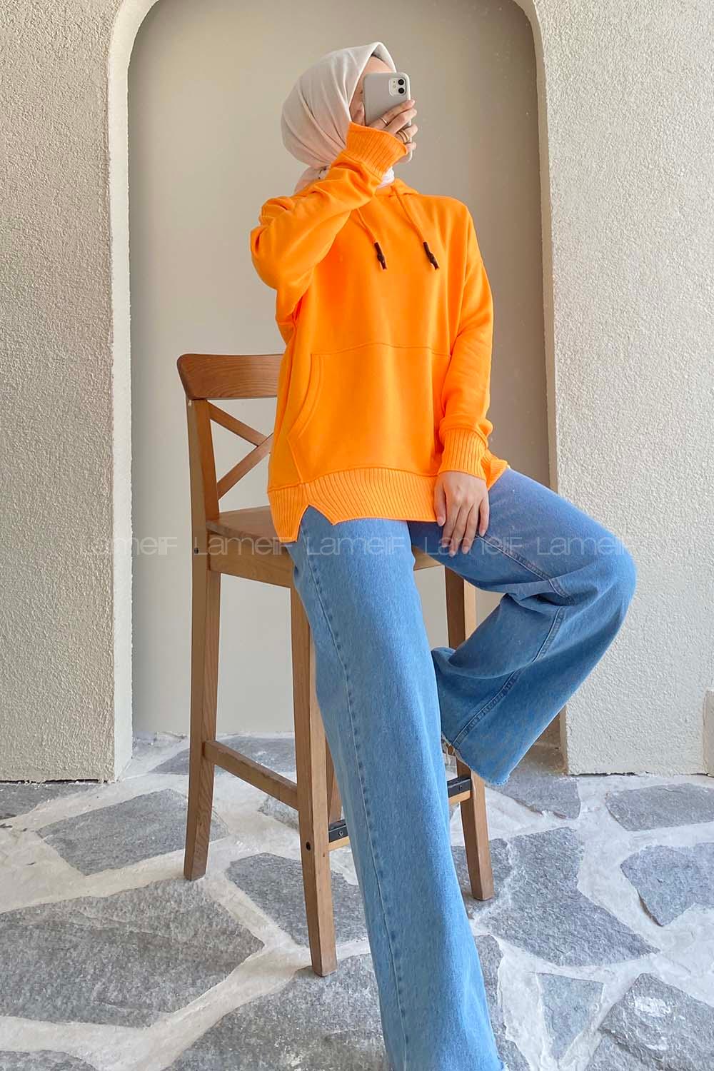 Modalamelif Kanguru Cep Kapüşon Detaylı Düz Vallyn Sweat Oranj