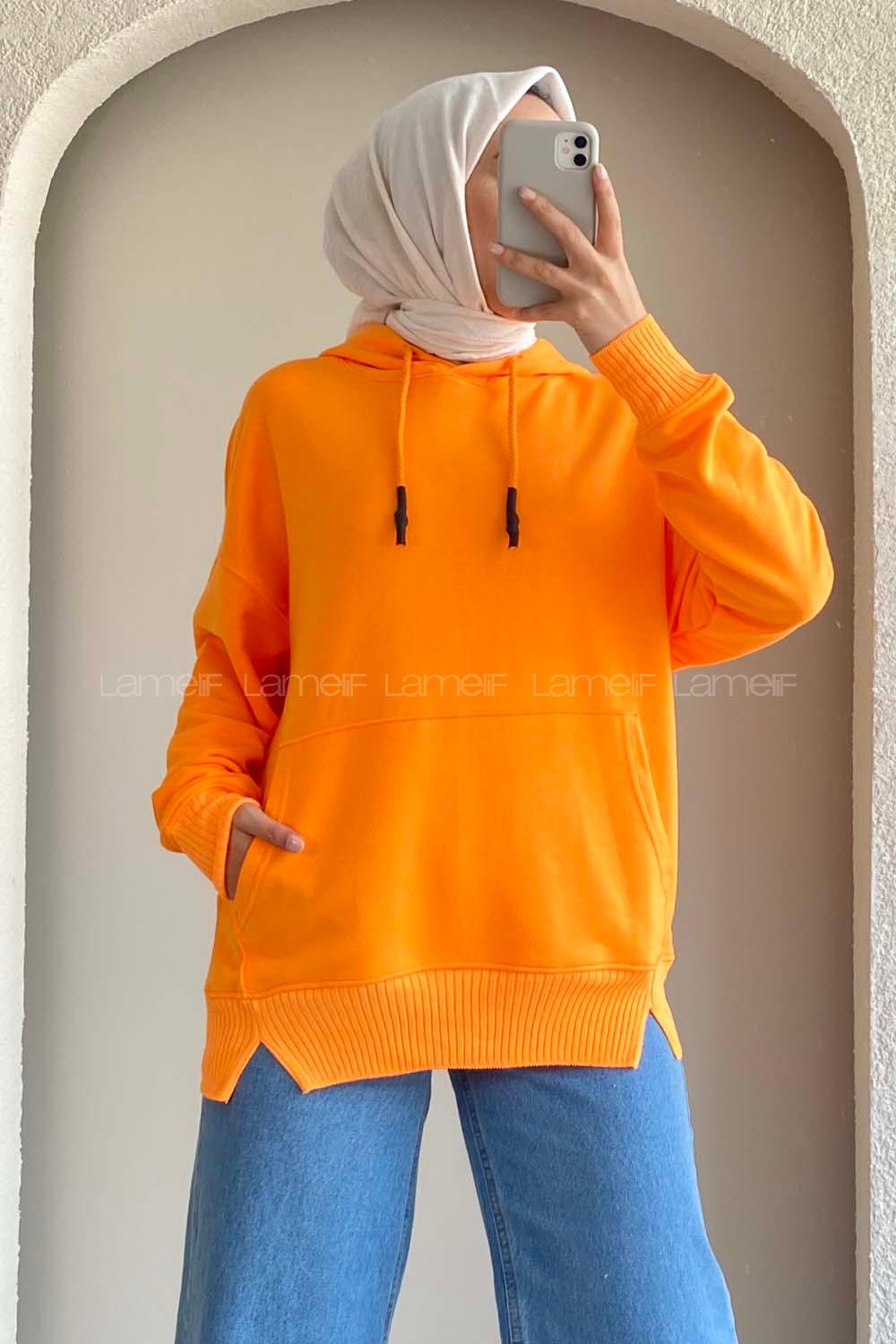 Modalamelif Kanguru Cep Kapüşon Detaylı Düz Vallyn Sweat Oranj