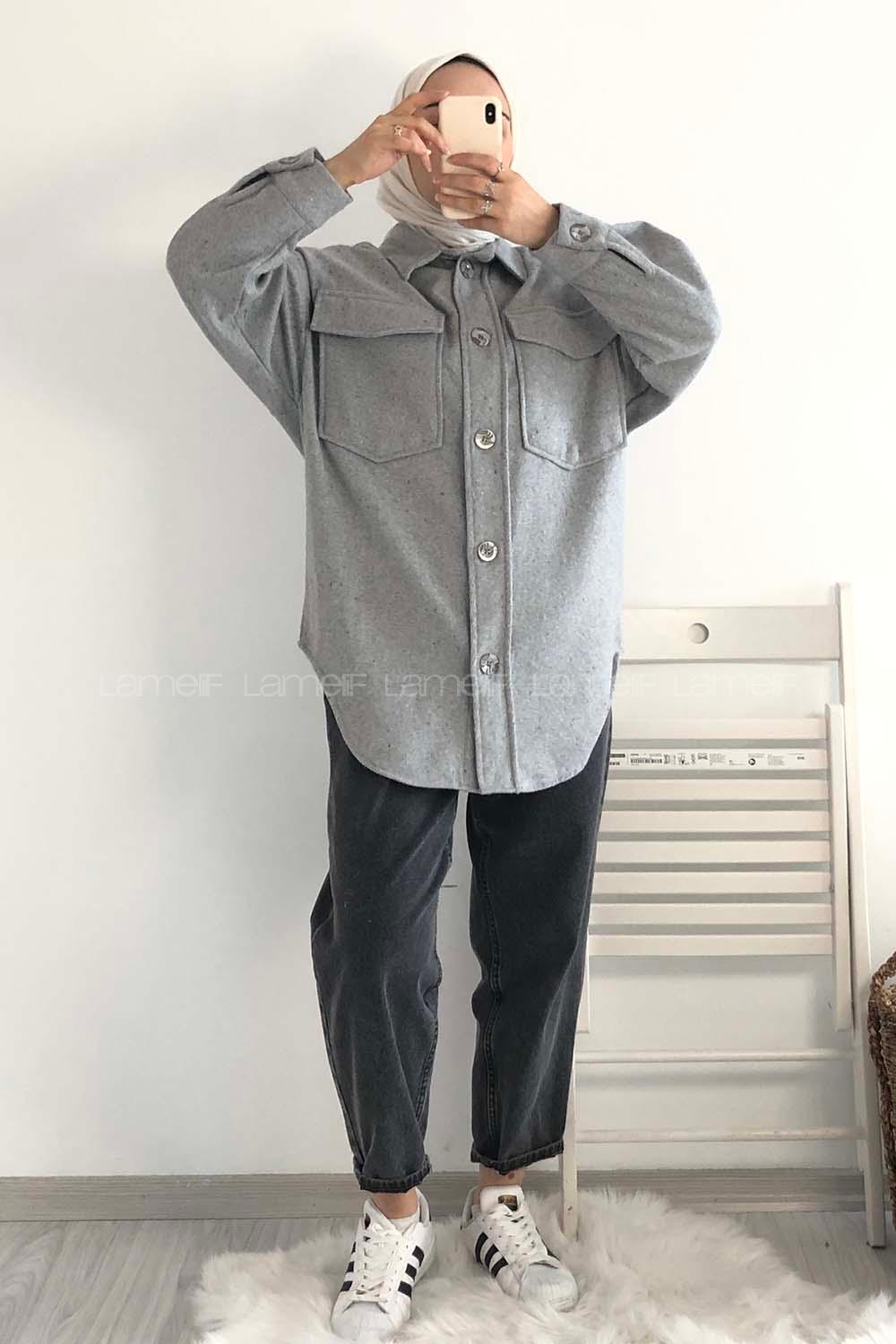 Modalamelif Kapak Cepli Oduncu Gömlek Gri